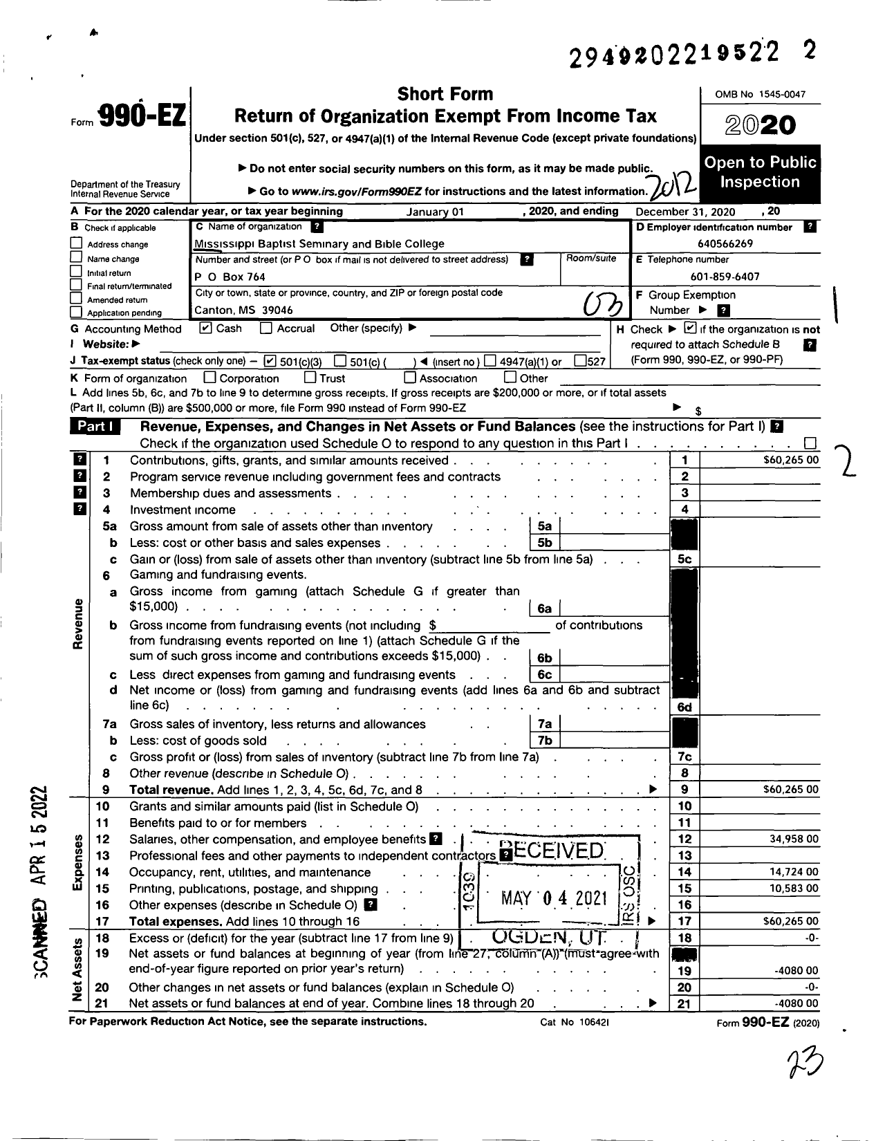 Image of first page of 2020 Form 990EZ for Mississippi Baptist Seminary and Bible College