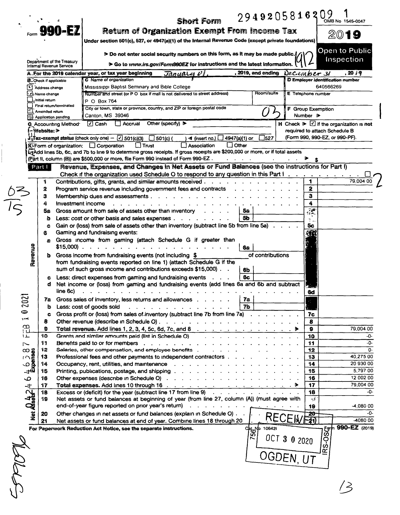 Image of first page of 2019 Form 990EZ for Mississippi Baptist Seminary and Bible College