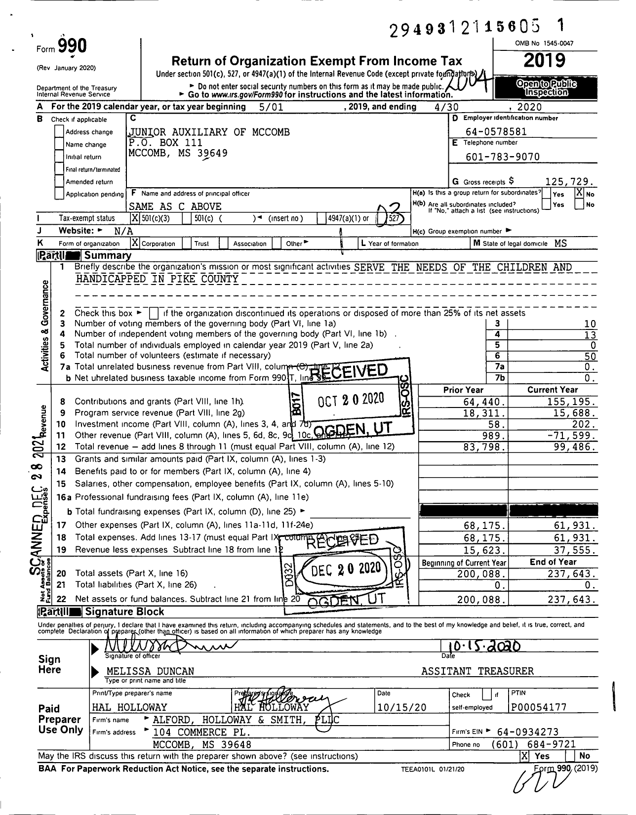 Image of first page of 2019 Form 990 for Junior Auxiliary of Mccomb