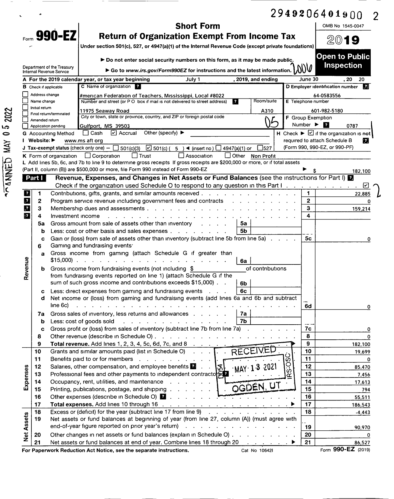 Image of first page of 2019 Form 990EO for American Federation of Teachers - 8022 Aft Mississippi