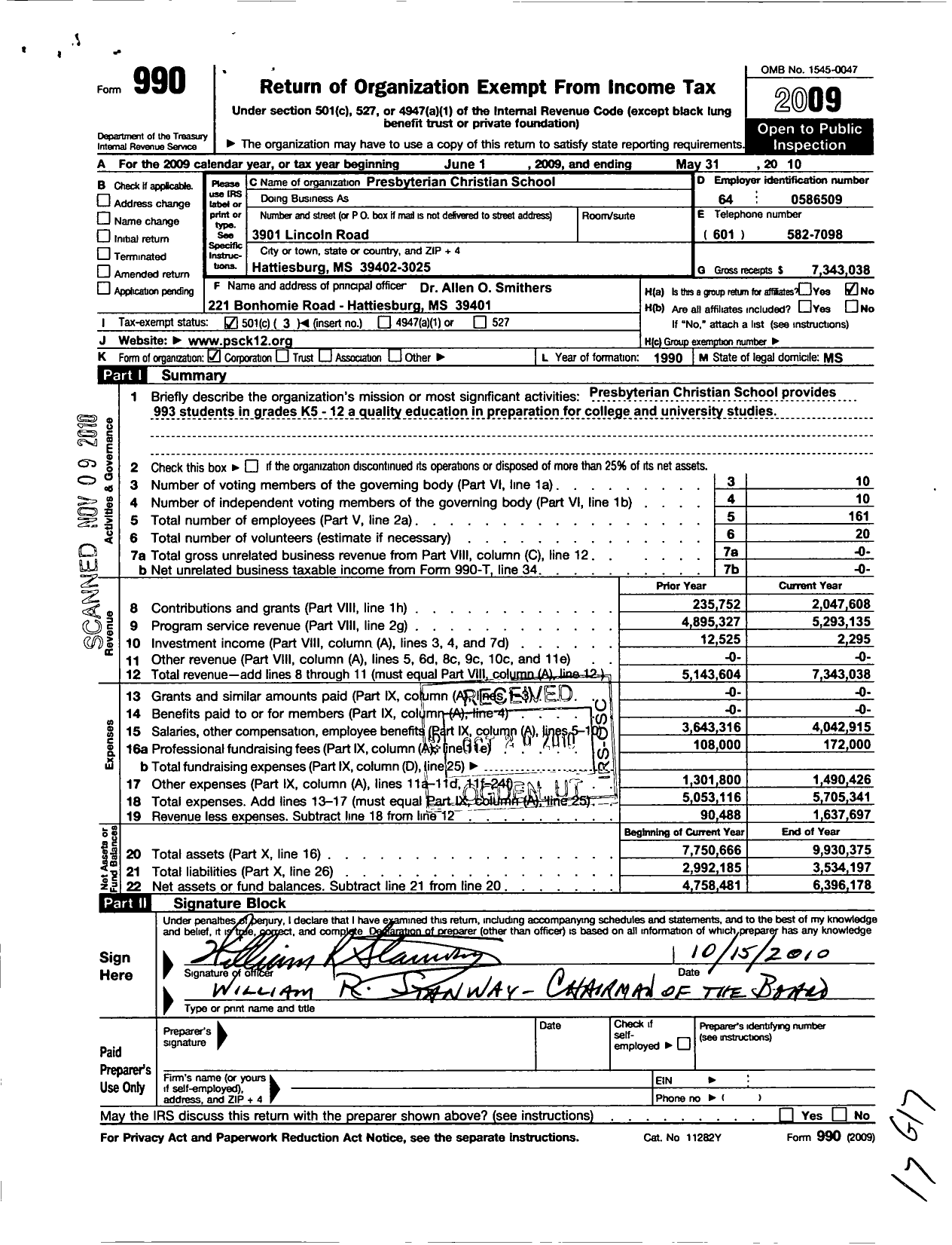 Image of first page of 2009 Form 990 for Presbyterian Christian School (PCS)