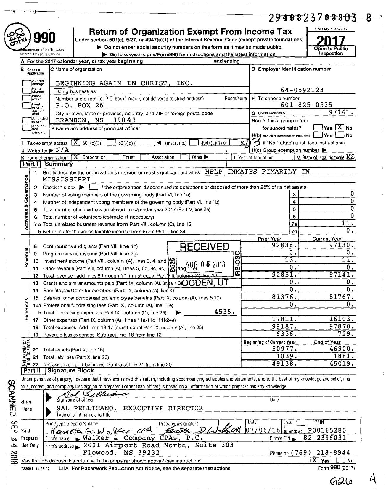 Image of first page of 2017 Form 990 for Beginning Again in Christ