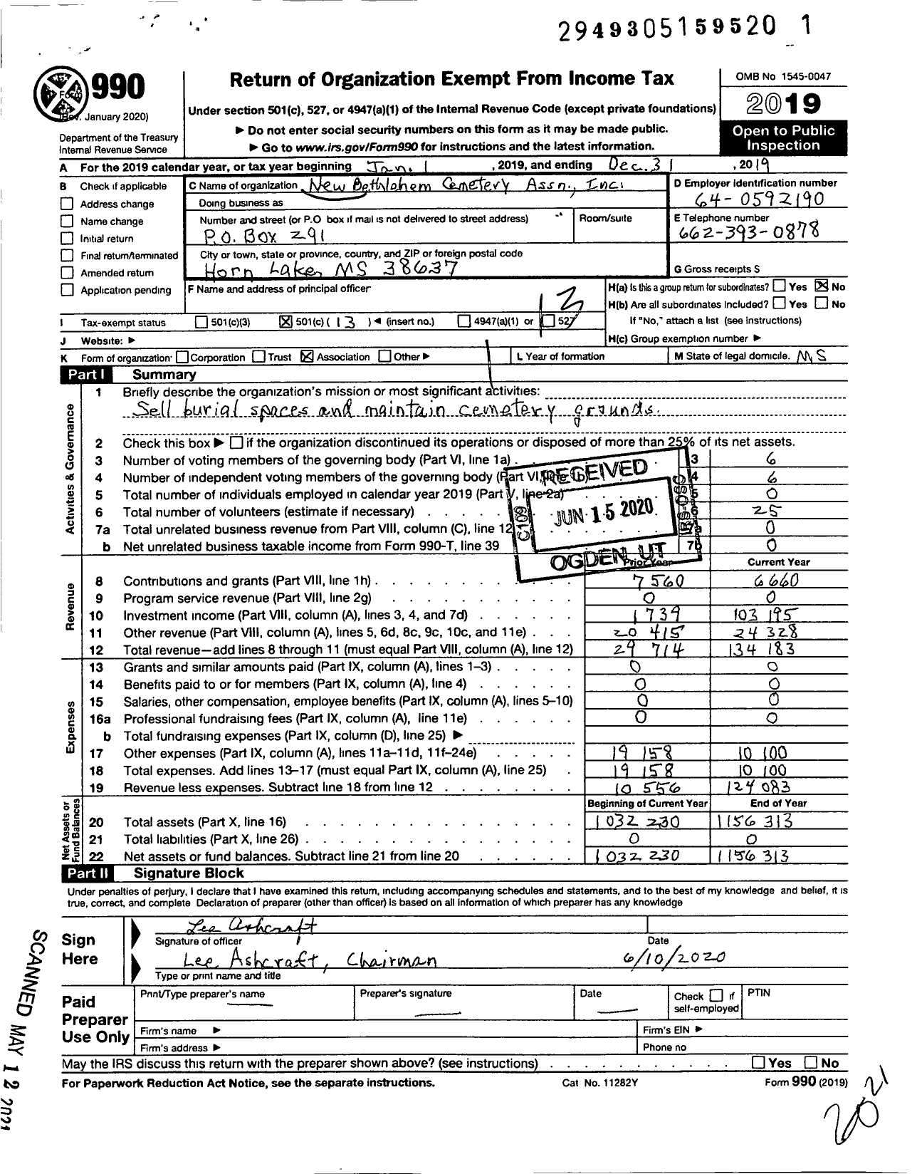 Image of first page of 2019 Form 990O for New Bethlehem Cemetery Association