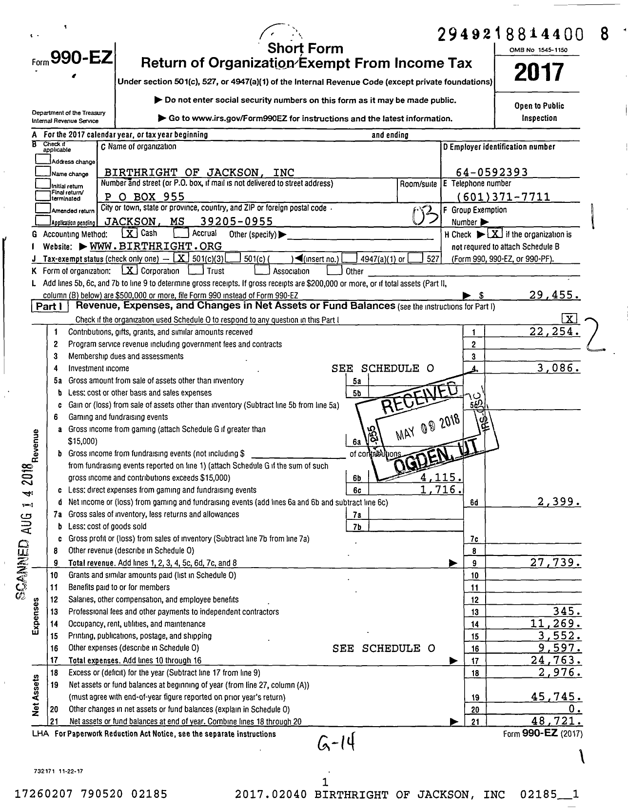 Image of first page of 2017 Form 990EZ for Birthright of Jackson