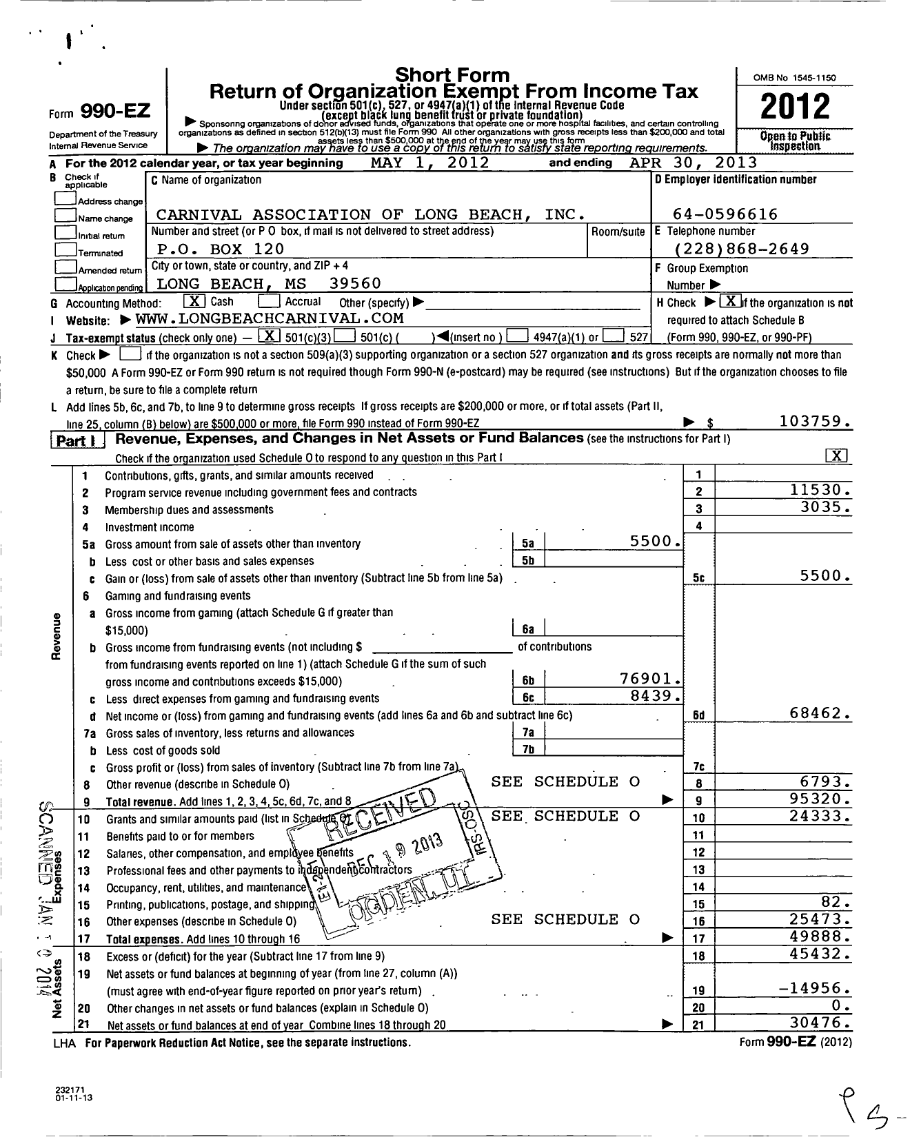 Image of first page of 2012 Form 990EZ for Carnival Association of Long Beach