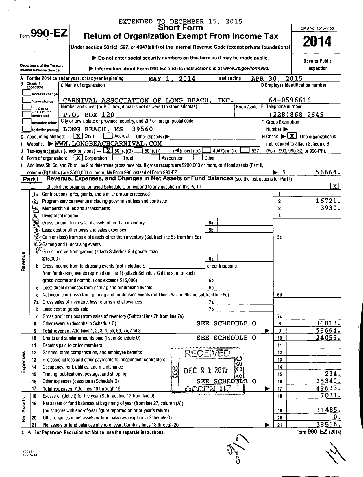 Image of first page of 2014 Form 990EZ for Carnival Association of Long Beach