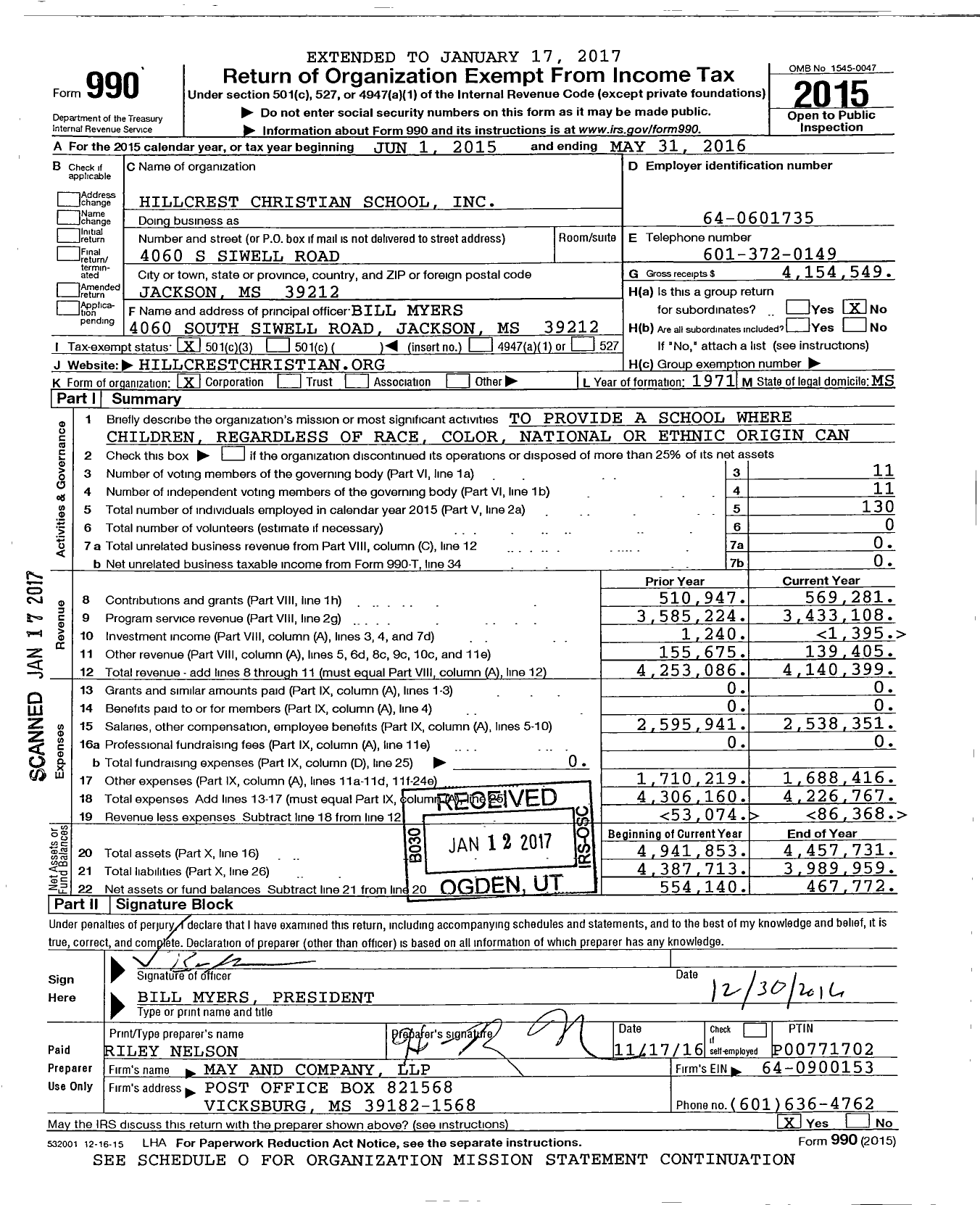 Image of first page of 2015 Form 990 for Hillcrest Christian School
