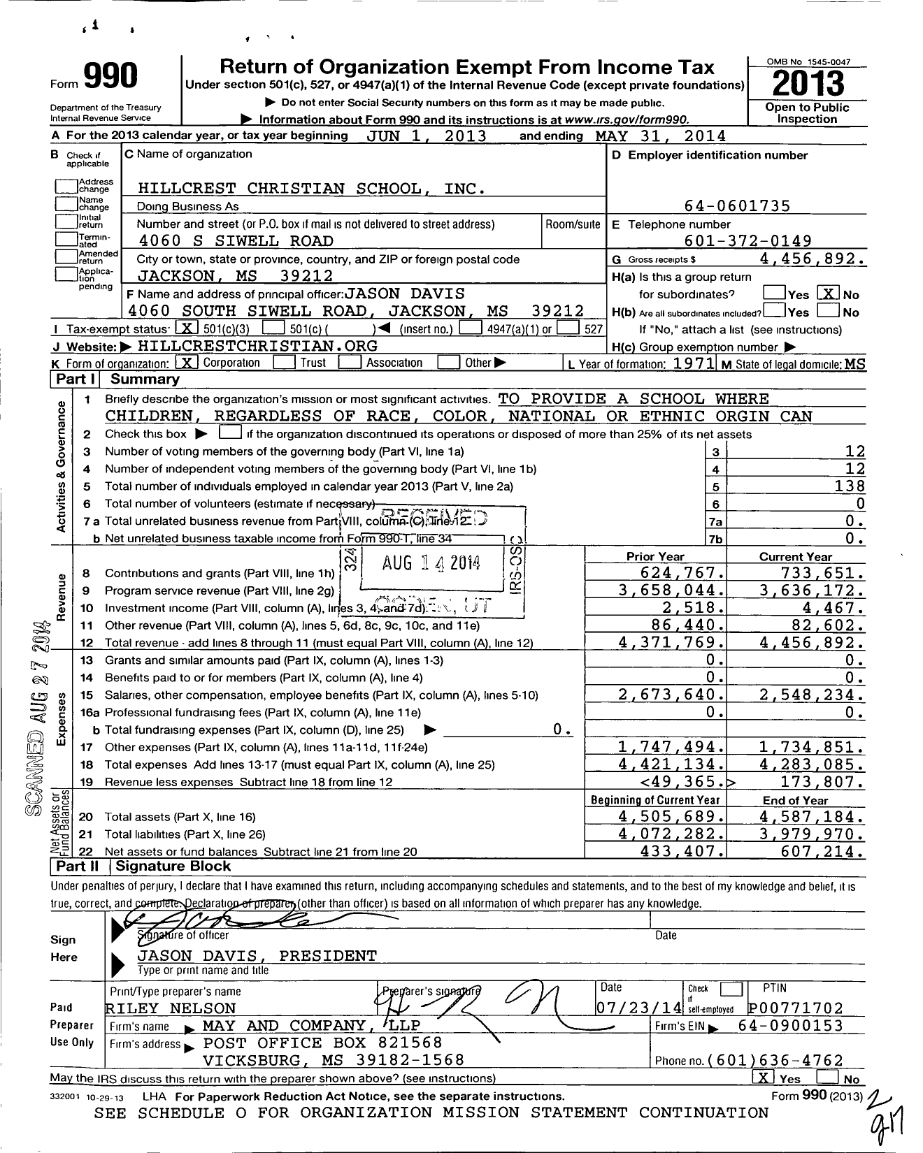 Image of first page of 2013 Form 990 for Hillcrest Christian School
