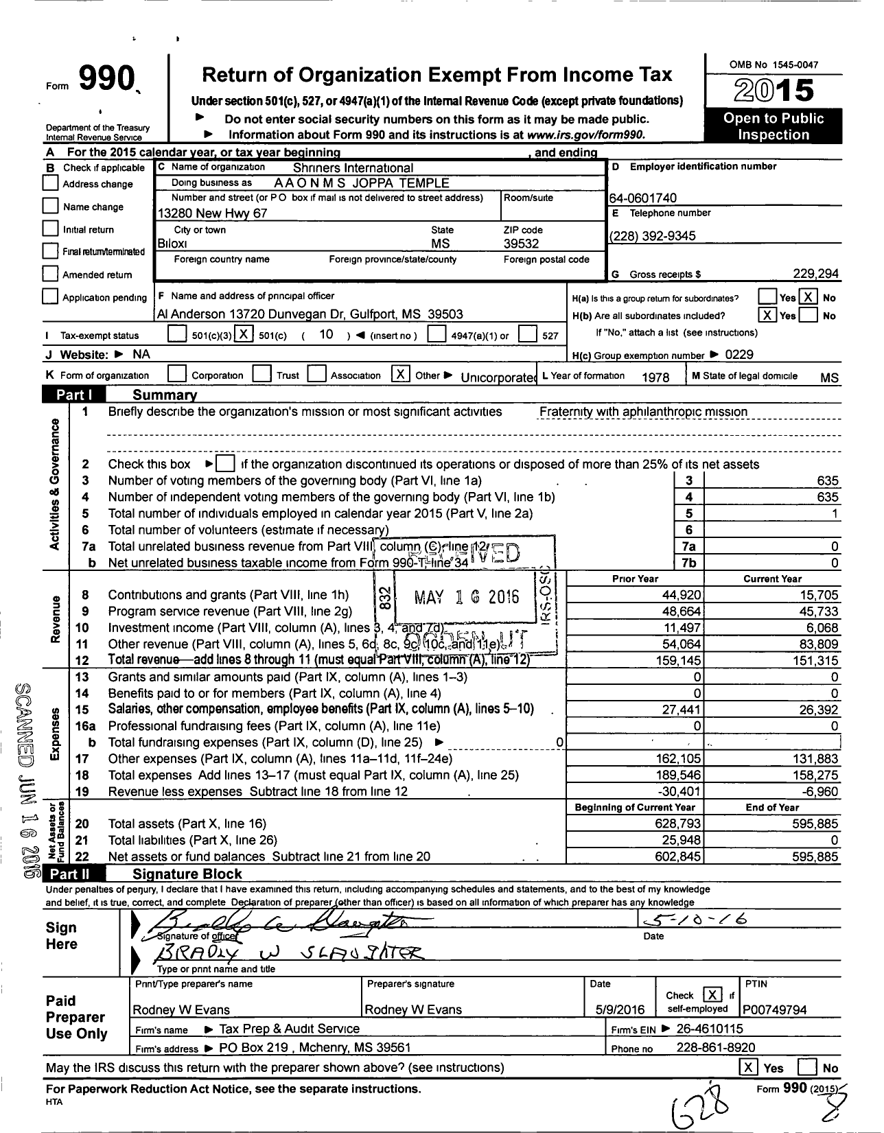 Image of first page of 2015 Form 990O for Shriners International - A A O N M S Joppa Temple