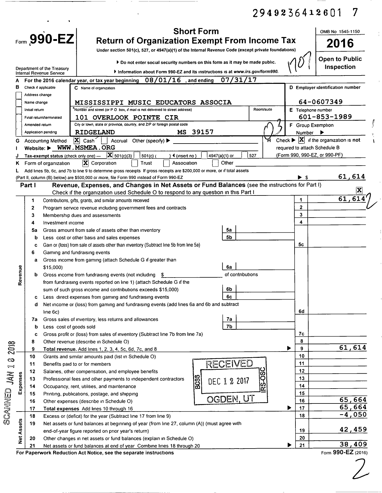 Image of first page of 2016 Form 990EZ for Mississippi Music Educators Association