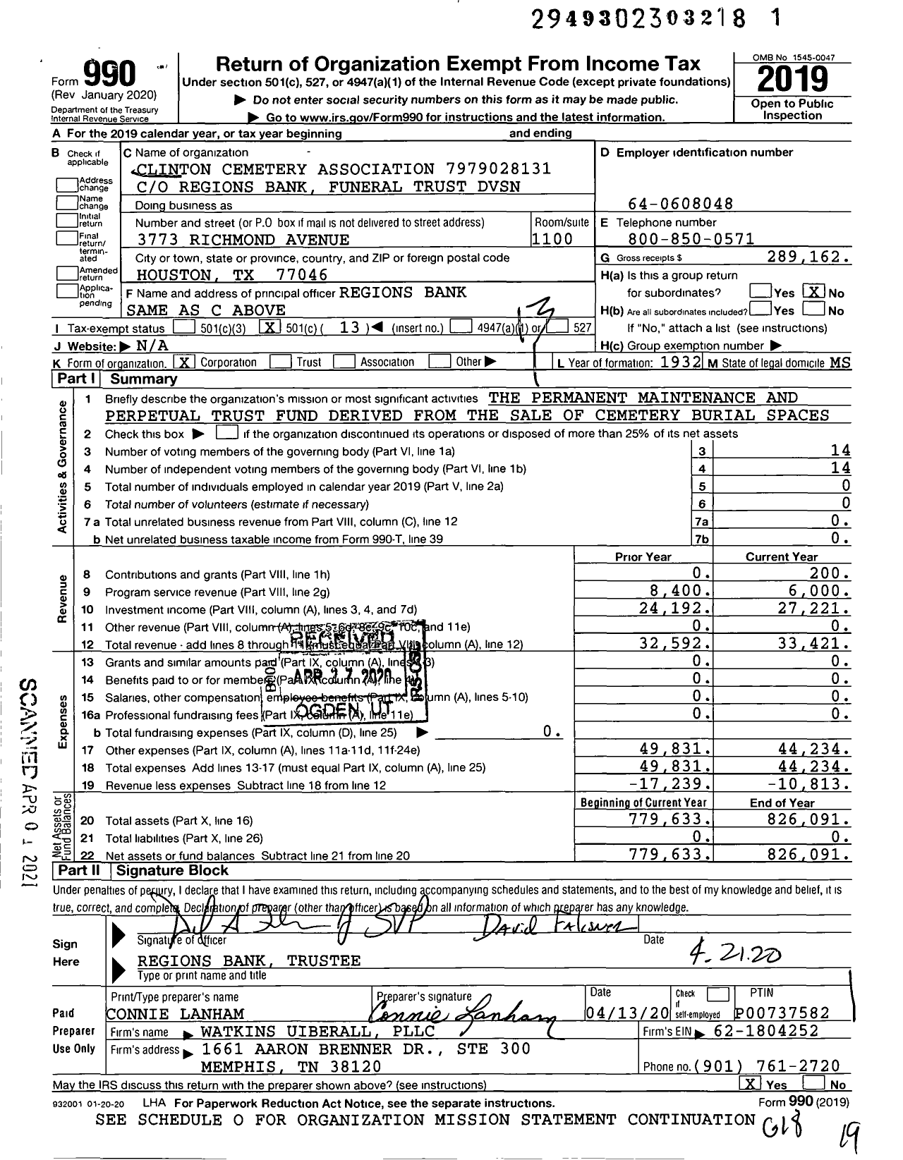 Image of first page of 2019 Form 990O for Clinton Cemetery Association 7979028131