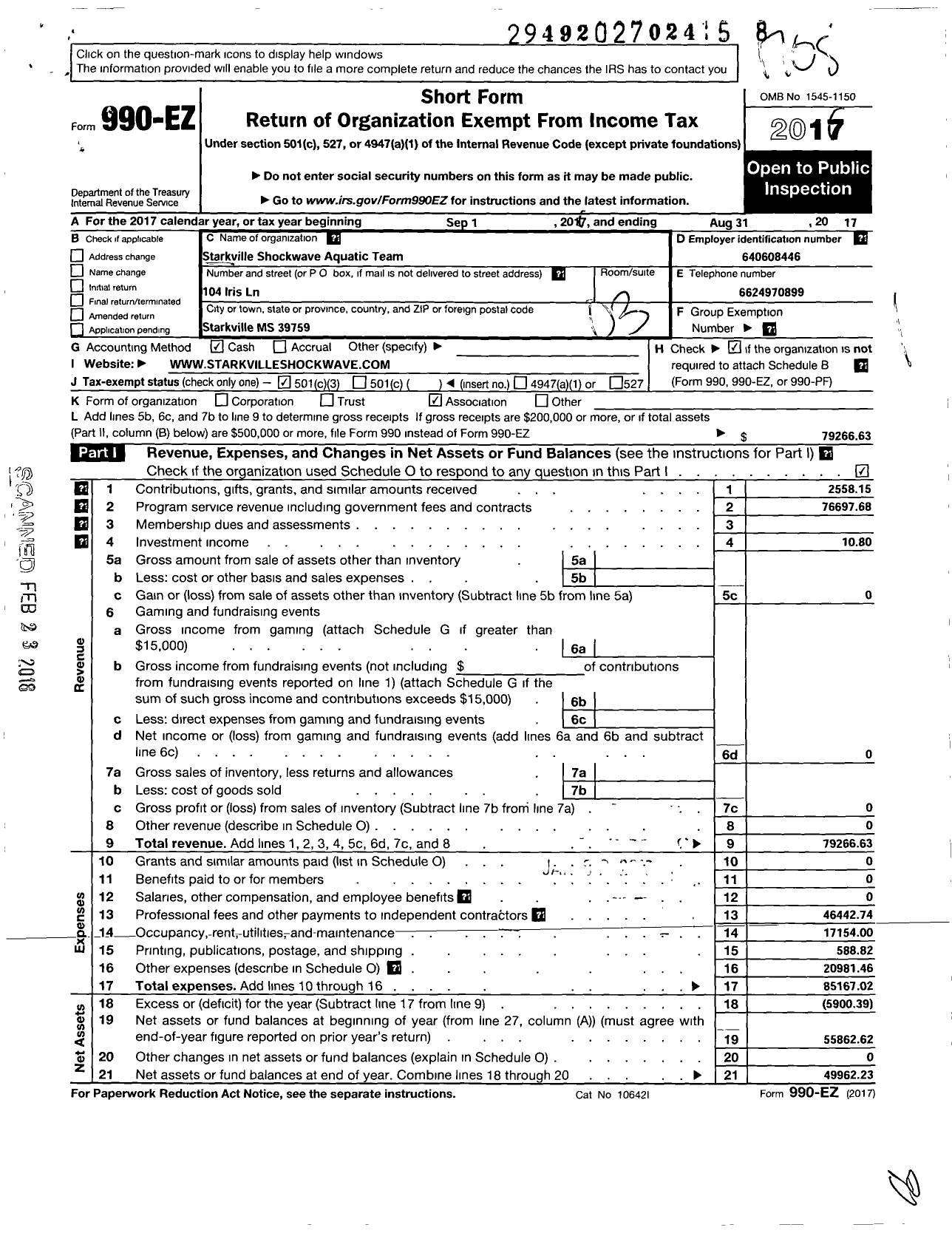 Image of first page of 2016 Form 990EZ for Starkville Shockwave Aquatic Team