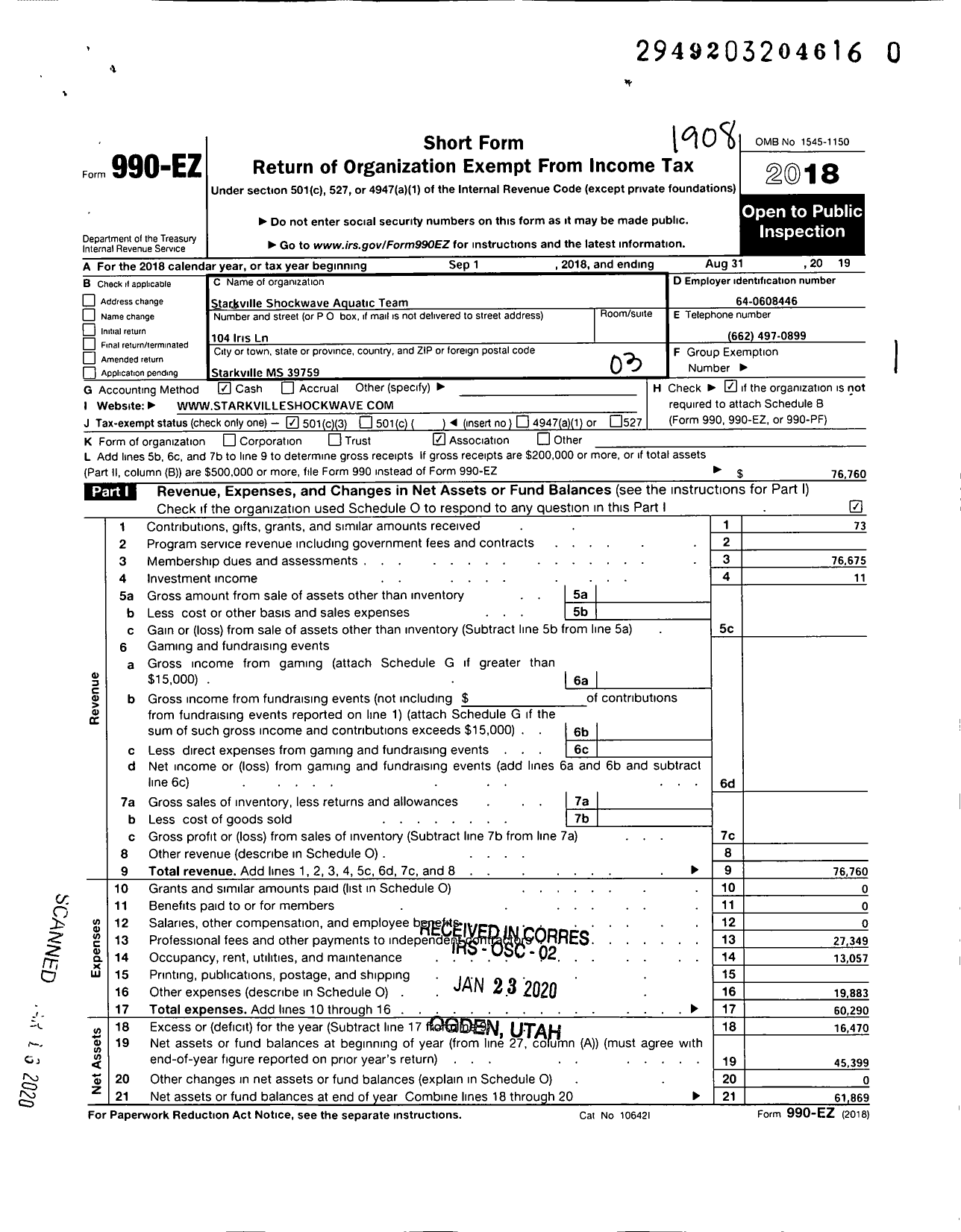 Image of first page of 2018 Form 990EZ for Starkville Shockwave Aquatic Team