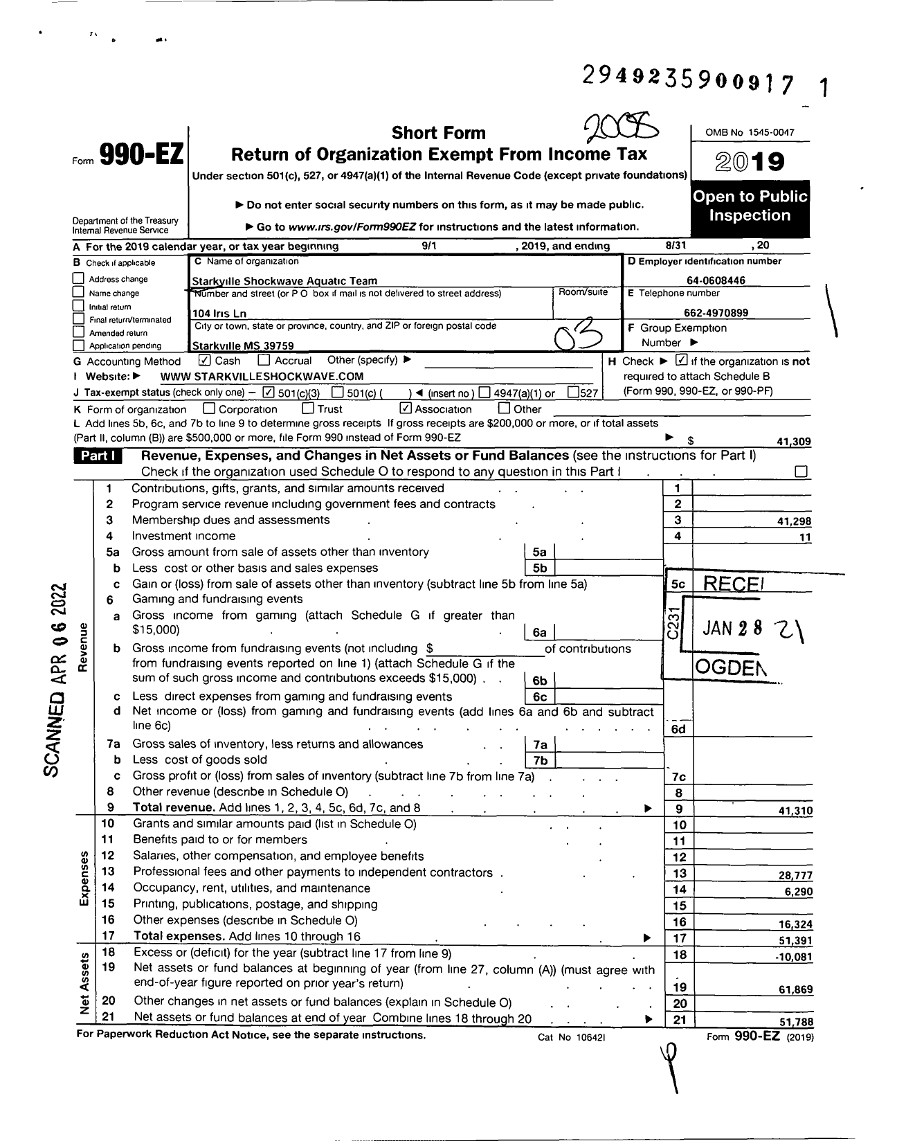 Image of first page of 2019 Form 990EZ for Starkville Shockwave Aquatic Team