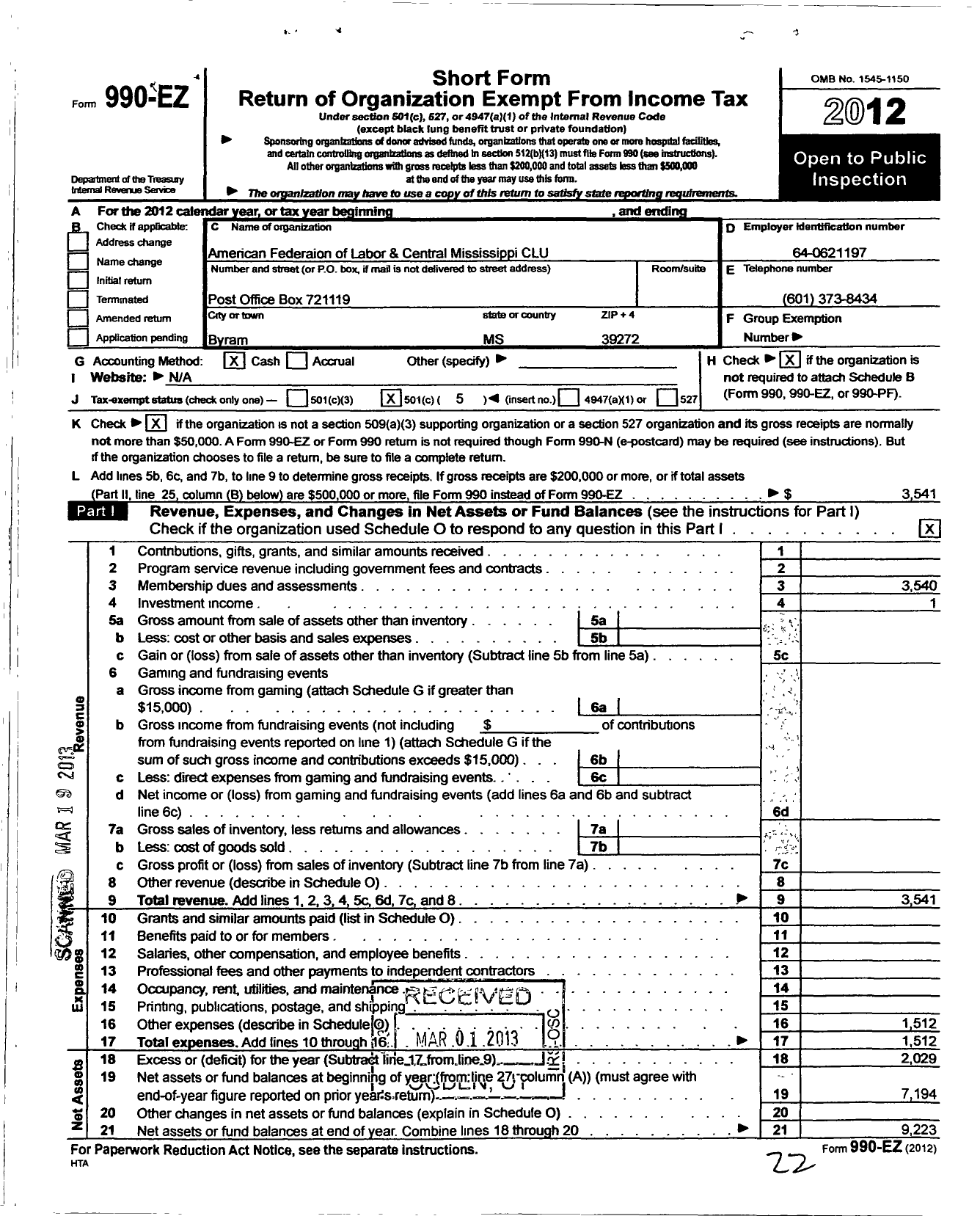 Image of first page of 2012 Form 990EO for AFL-CIO - Central Mississippi Clu