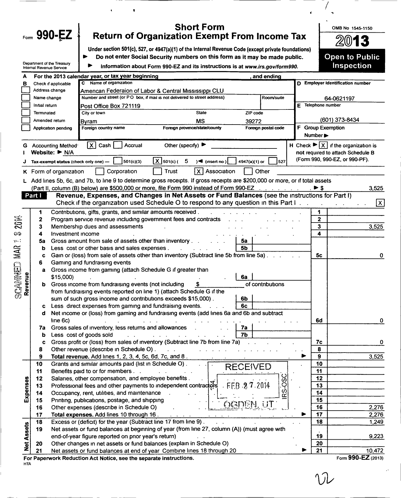 Image of first page of 2013 Form 990EO for AFL-CIO - Central Mississippi Clu