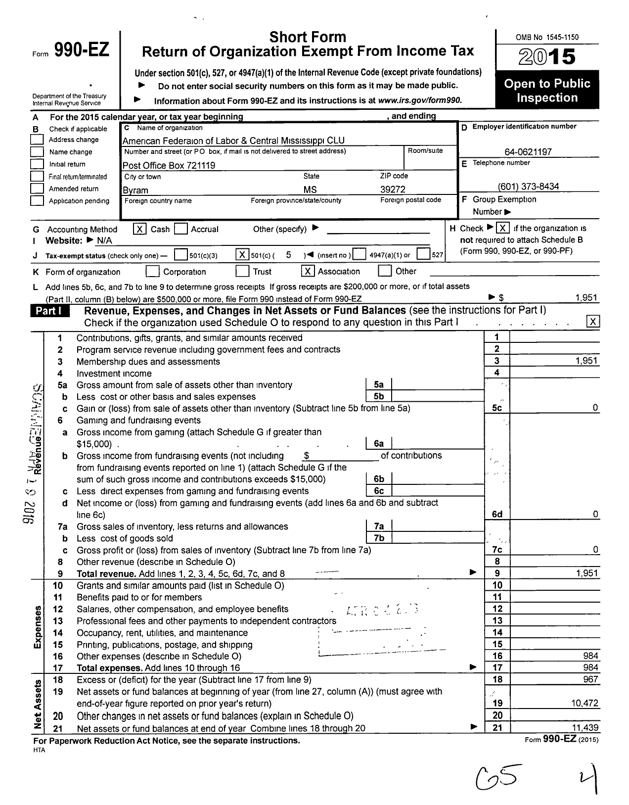 Image of first page of 2015 Form 990EO for AFL-CIO - Central Mississippi Clu