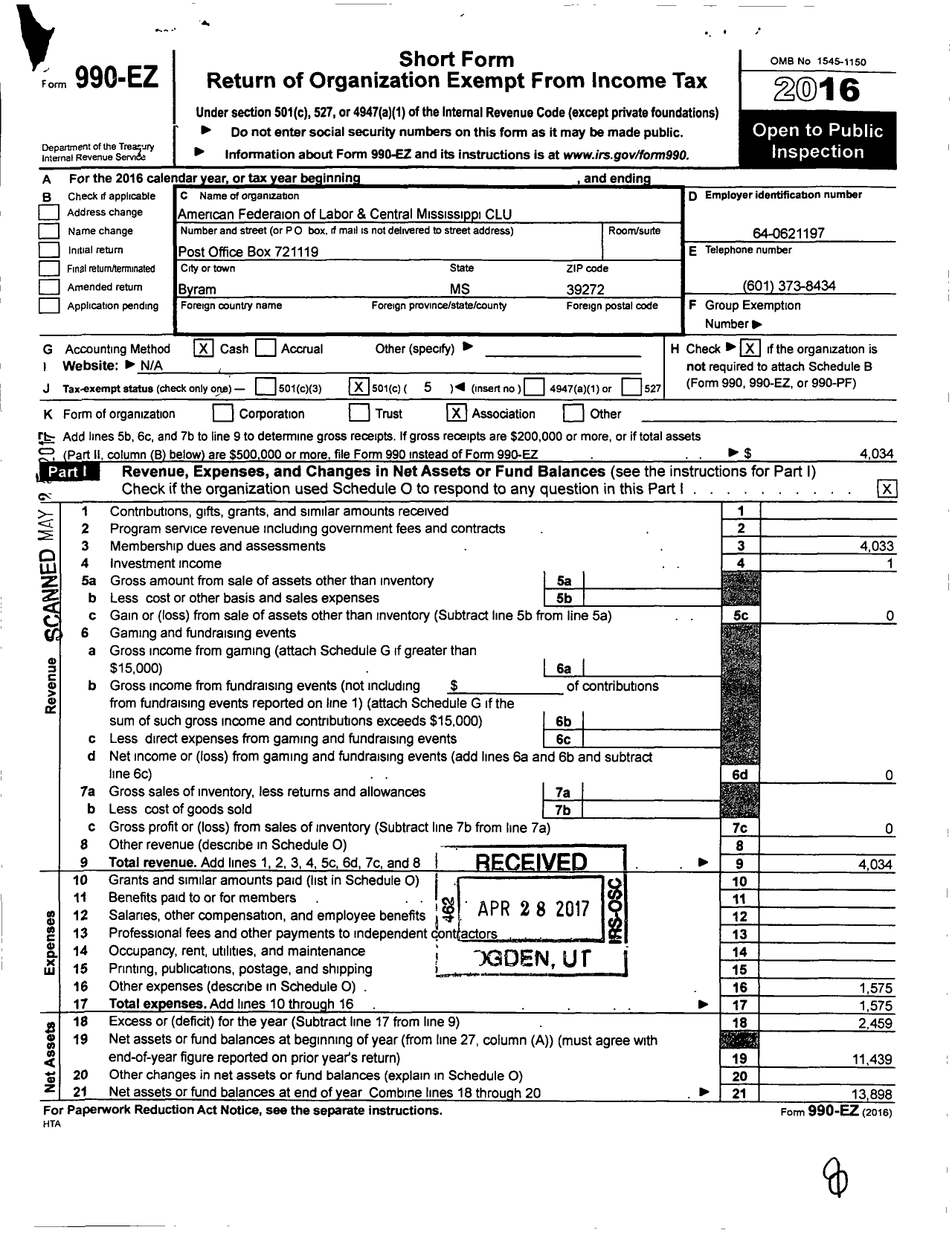 Image of first page of 2016 Form 990EO for AFL-CIO - Central Mississippi Clu