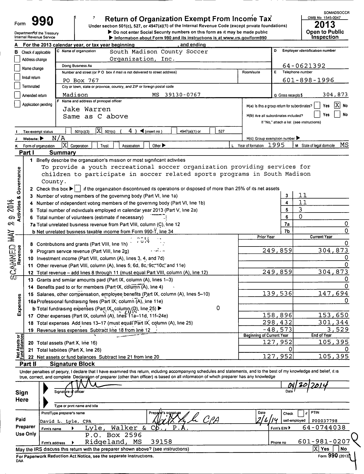 Image of first page of 2013 Form 990O for South Madison County Soccer Organization