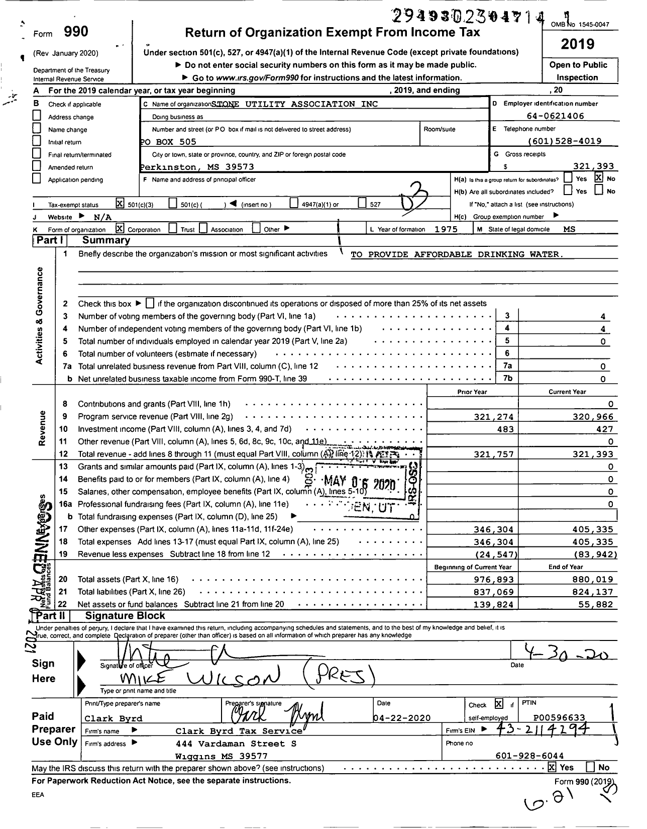 Image of first page of 2019 Form 990 for Magnolia Water Association