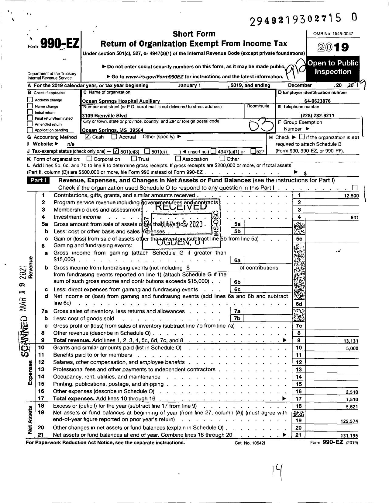 Image of first page of 2019 Form 990EZ for Ocean Springs Hospital Auxiliary