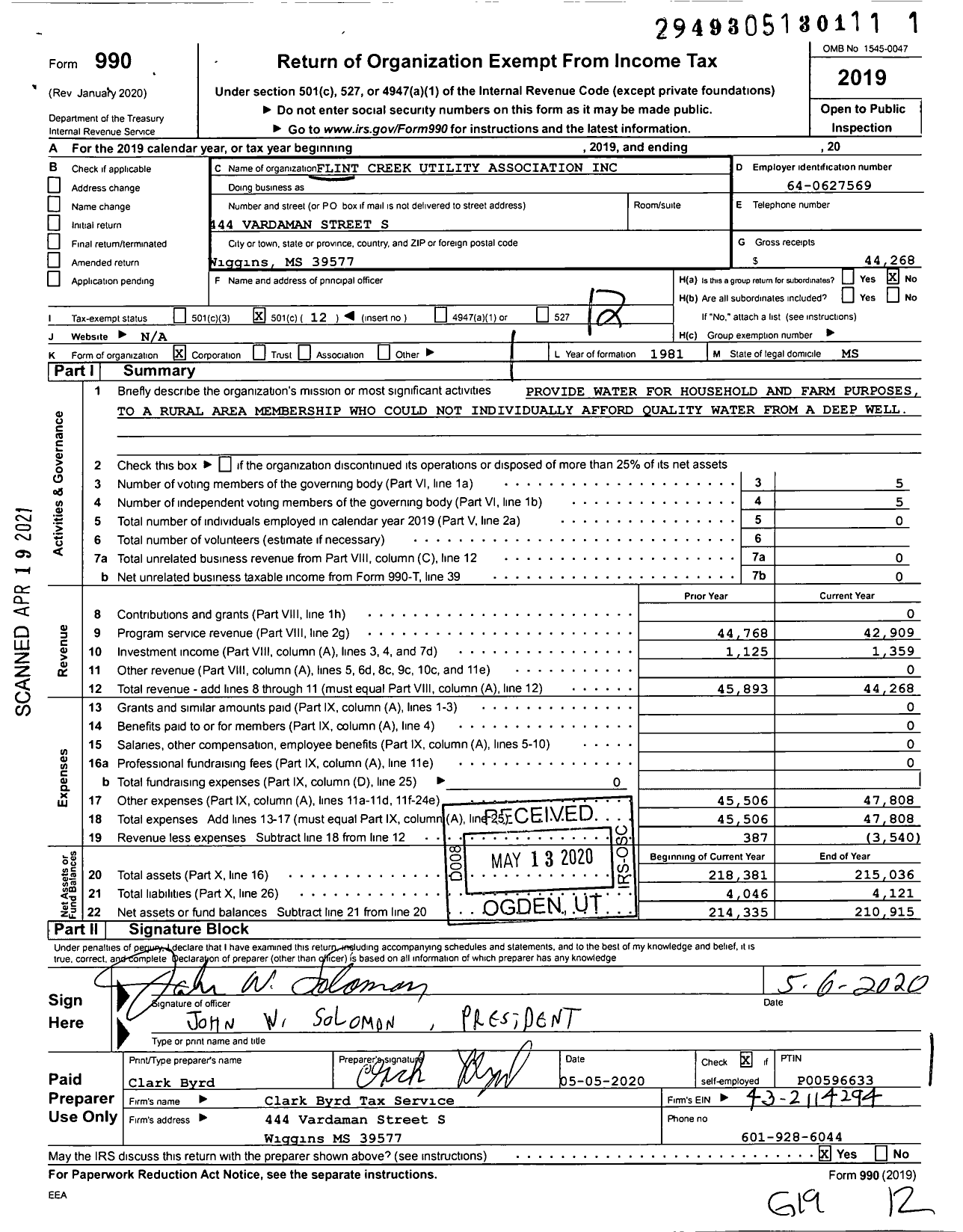 Image of first page of 2019 Form 990O for Flint Creek Utility Association