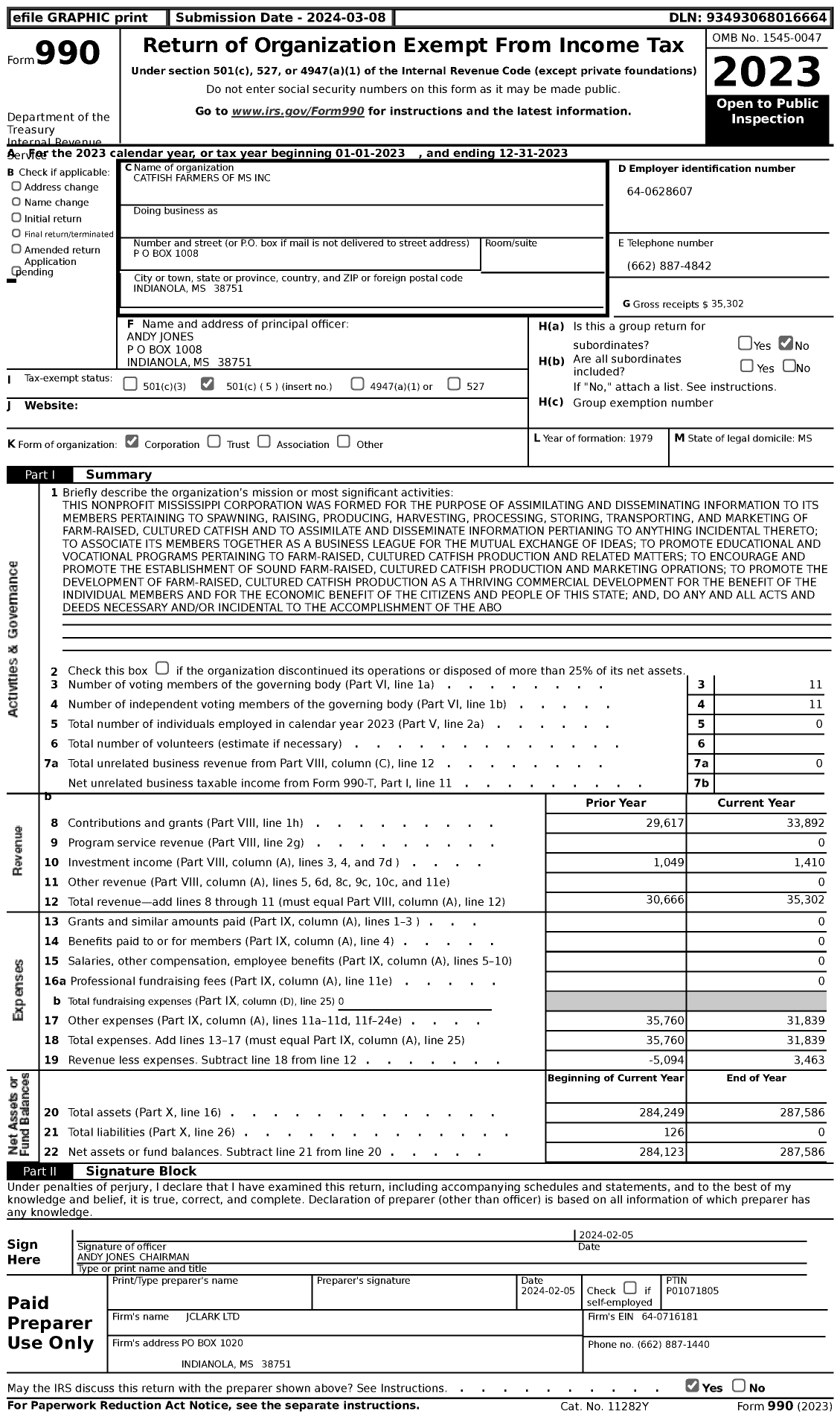 Image of first page of 2023 Form 990 for Catfish Farmers of MS