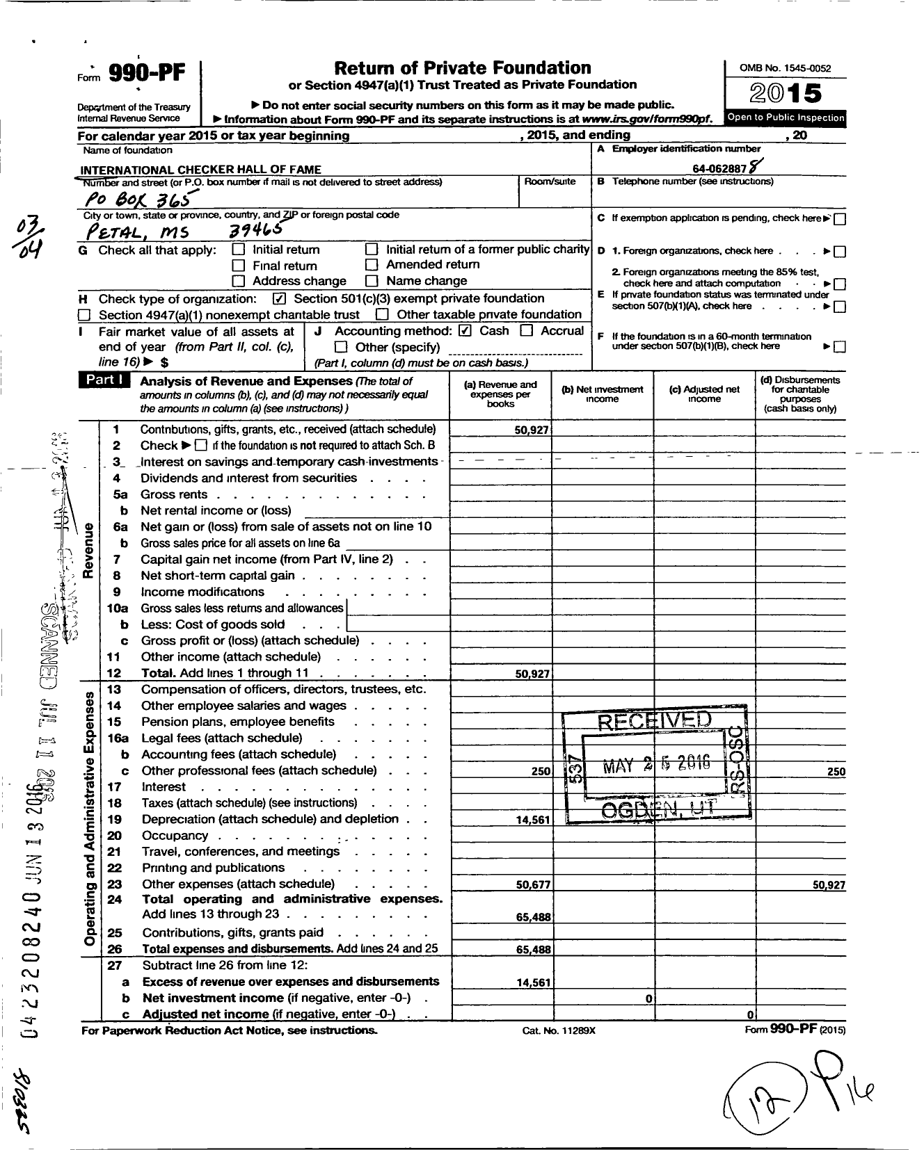 Image of first page of 2015 Form 990PF for International Checker Hall of Fame