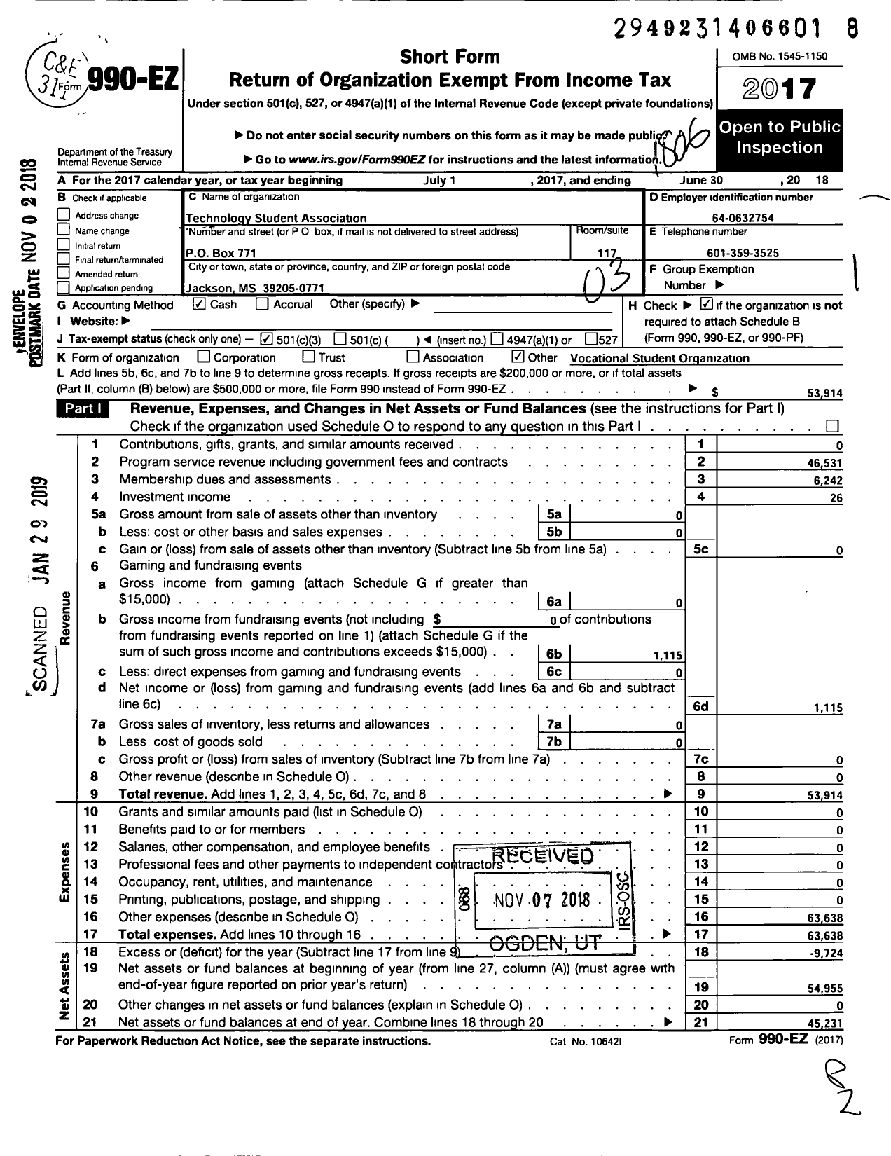 Image of first page of 2017 Form 990EZ for Technology Student Association