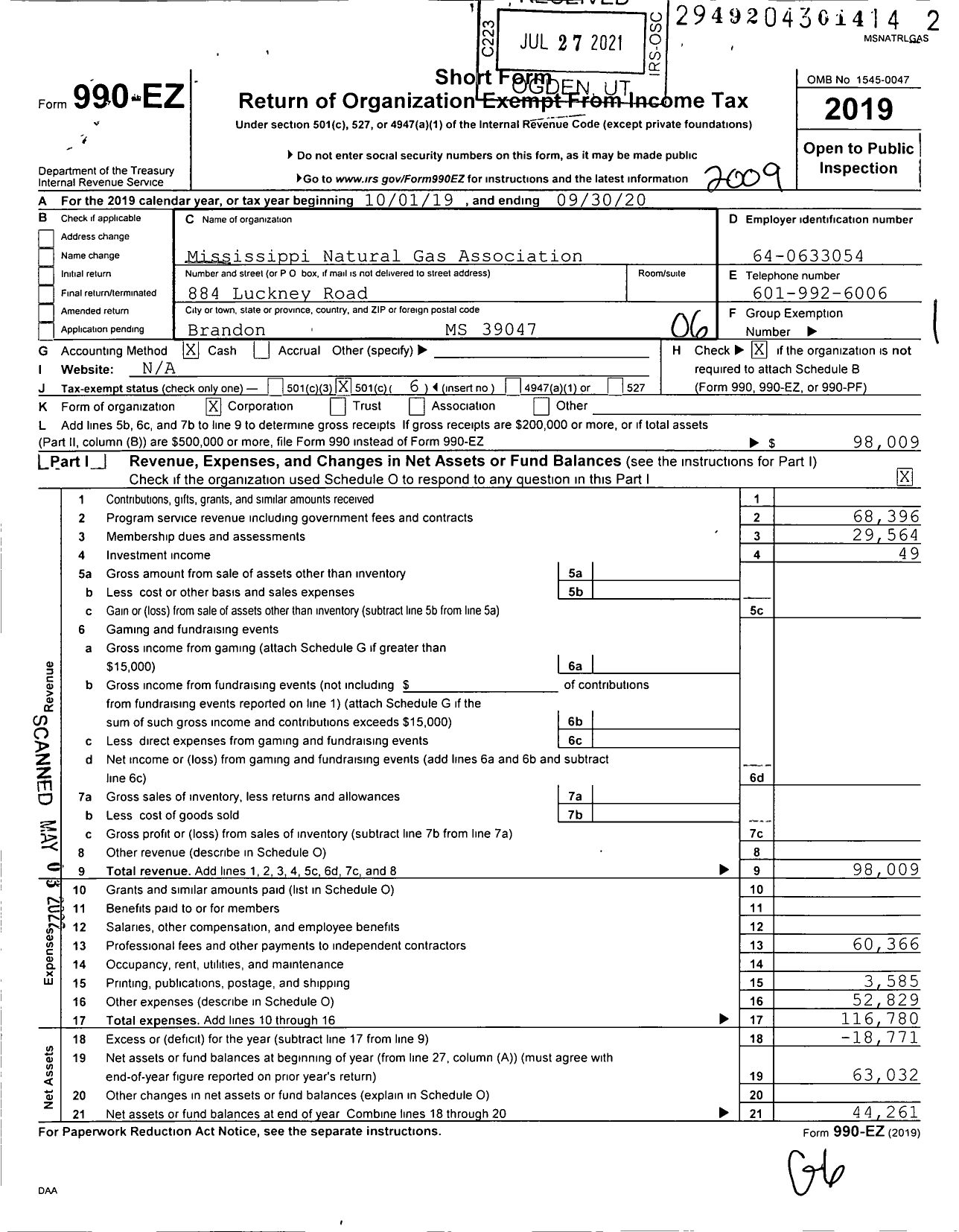 Image of first page of 2019 Form 990EO for Mississippi Natural Gas Association