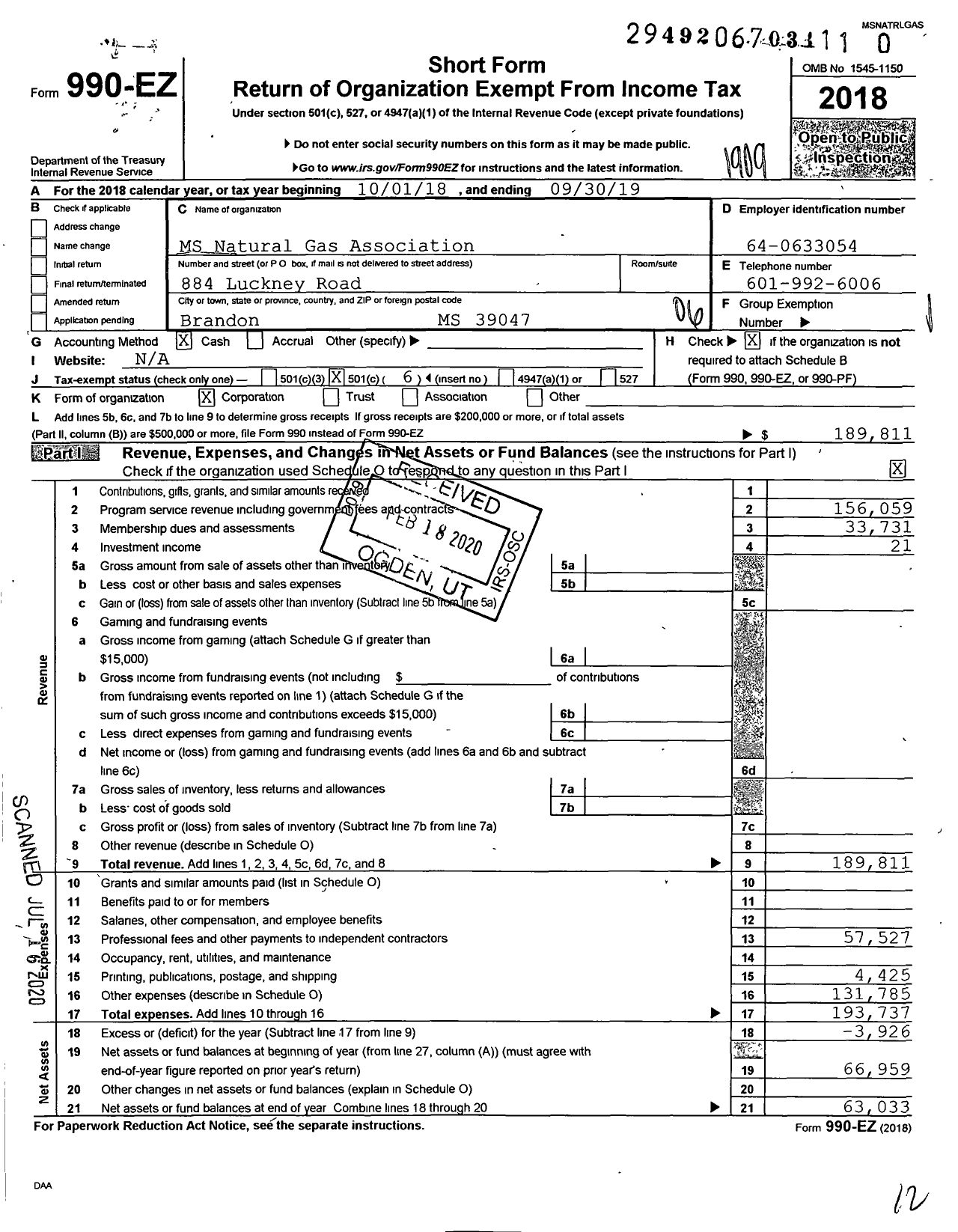 Image of first page of 2018 Form 990EO for Mississippi Natural Gas Association