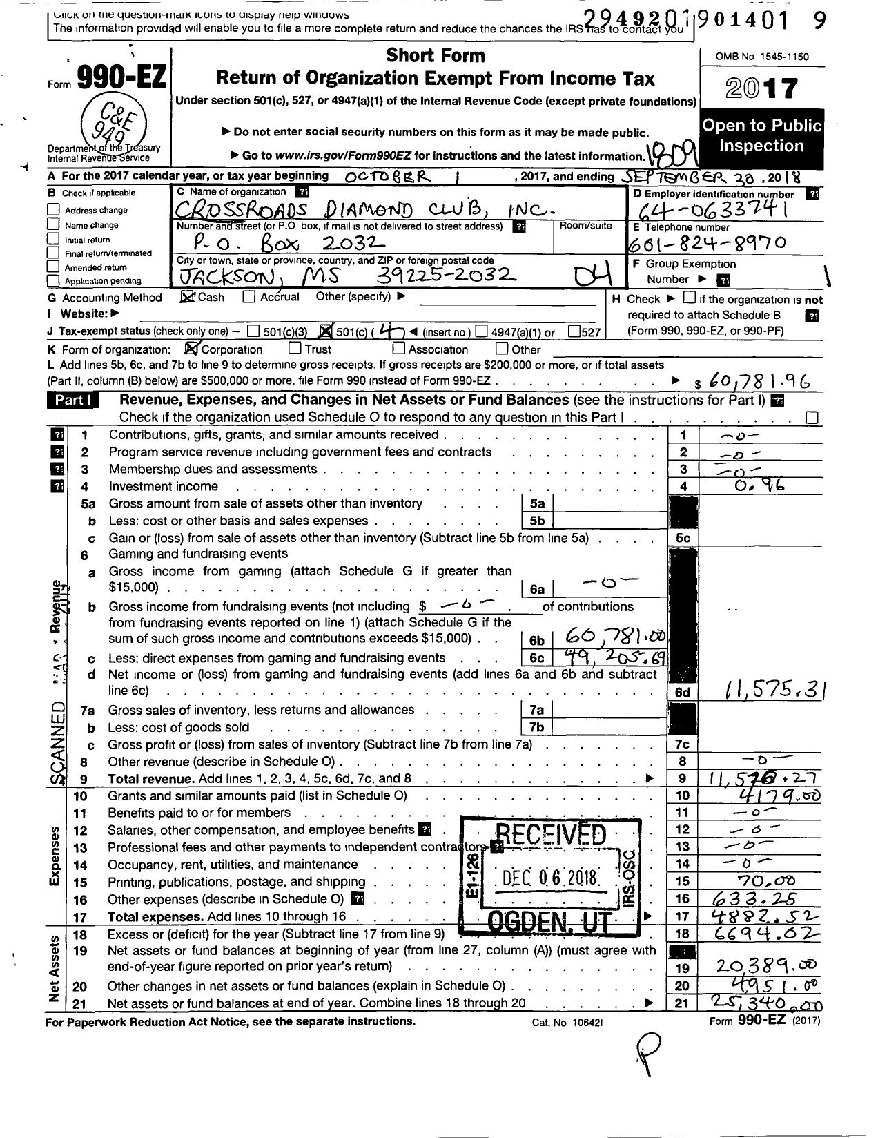 Image of first page of 2017 Form 990EO for Crossroads Diamond Club