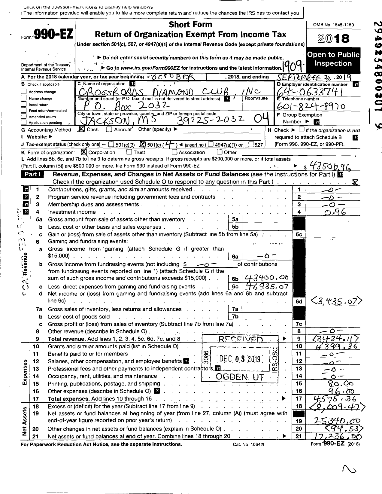 Image of first page of 2018 Form 990EO for Crossroads Diamond Club