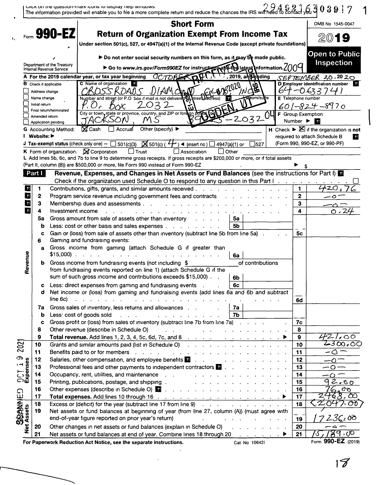 Image of first page of 2019 Form 990EO for Crossroads Diamond Club