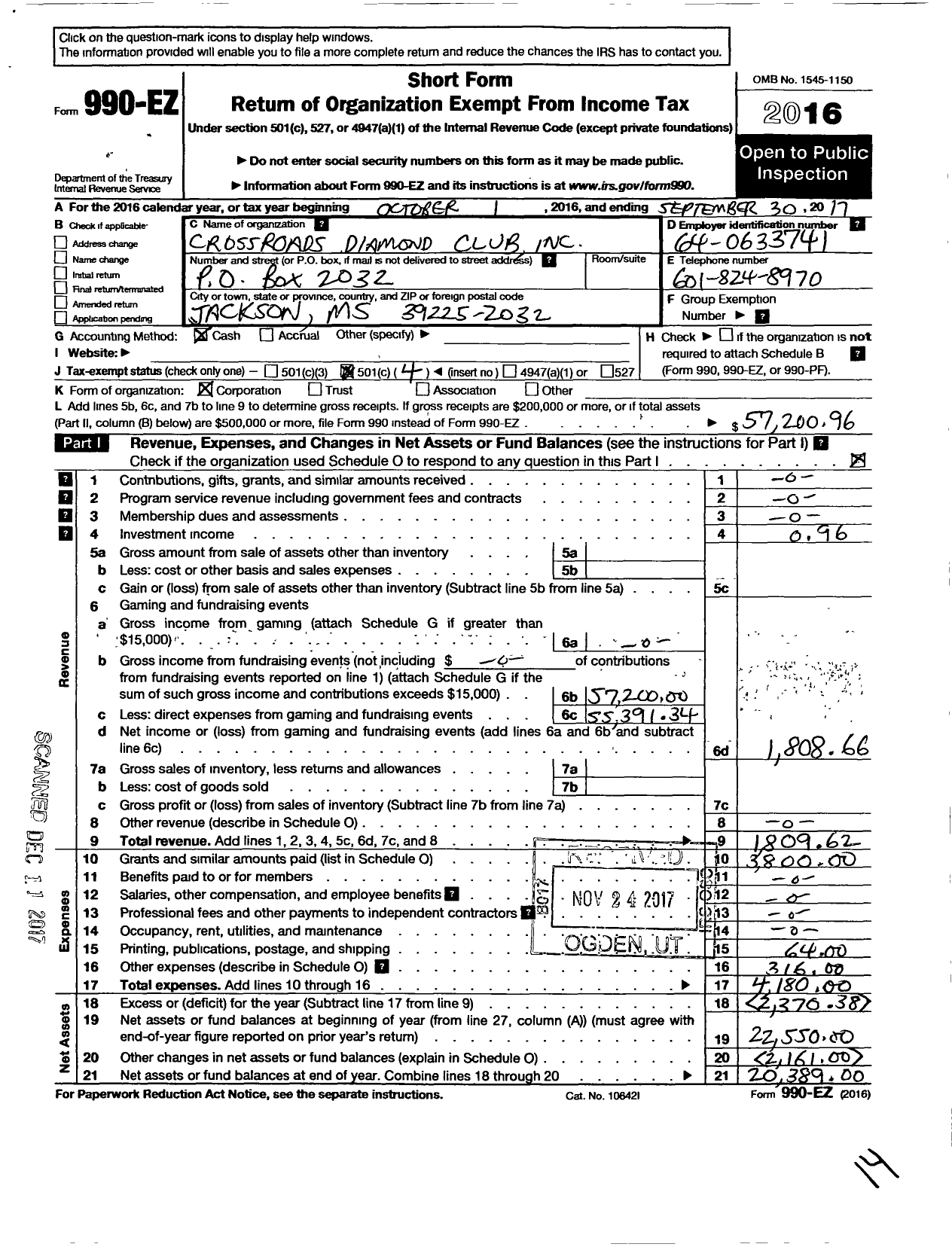 Image of first page of 2016 Form 990EO for Crossroads Diamond Club