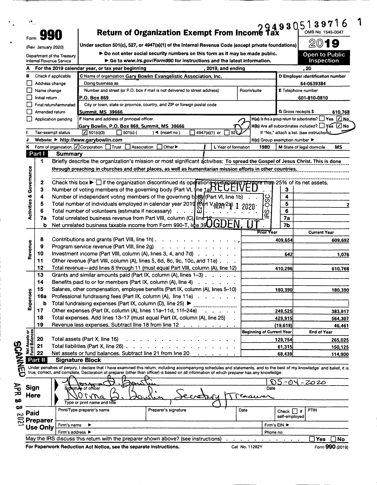 Image of first page of 2019 Form 990 for Gary Bowlin Evangelistic Association