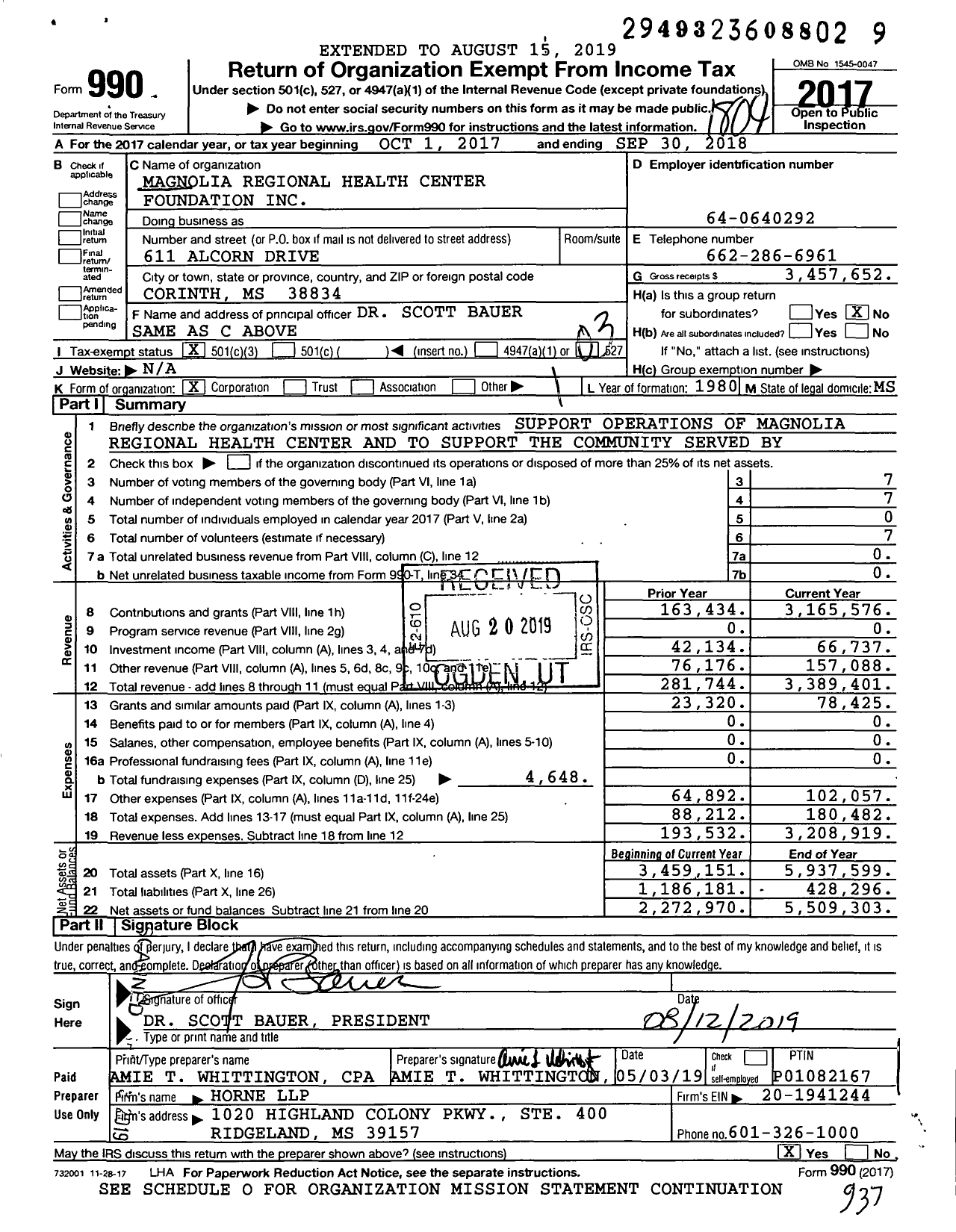 Image of first page of 2017 Form 990 for Magnolia Regional Health Center Foundation