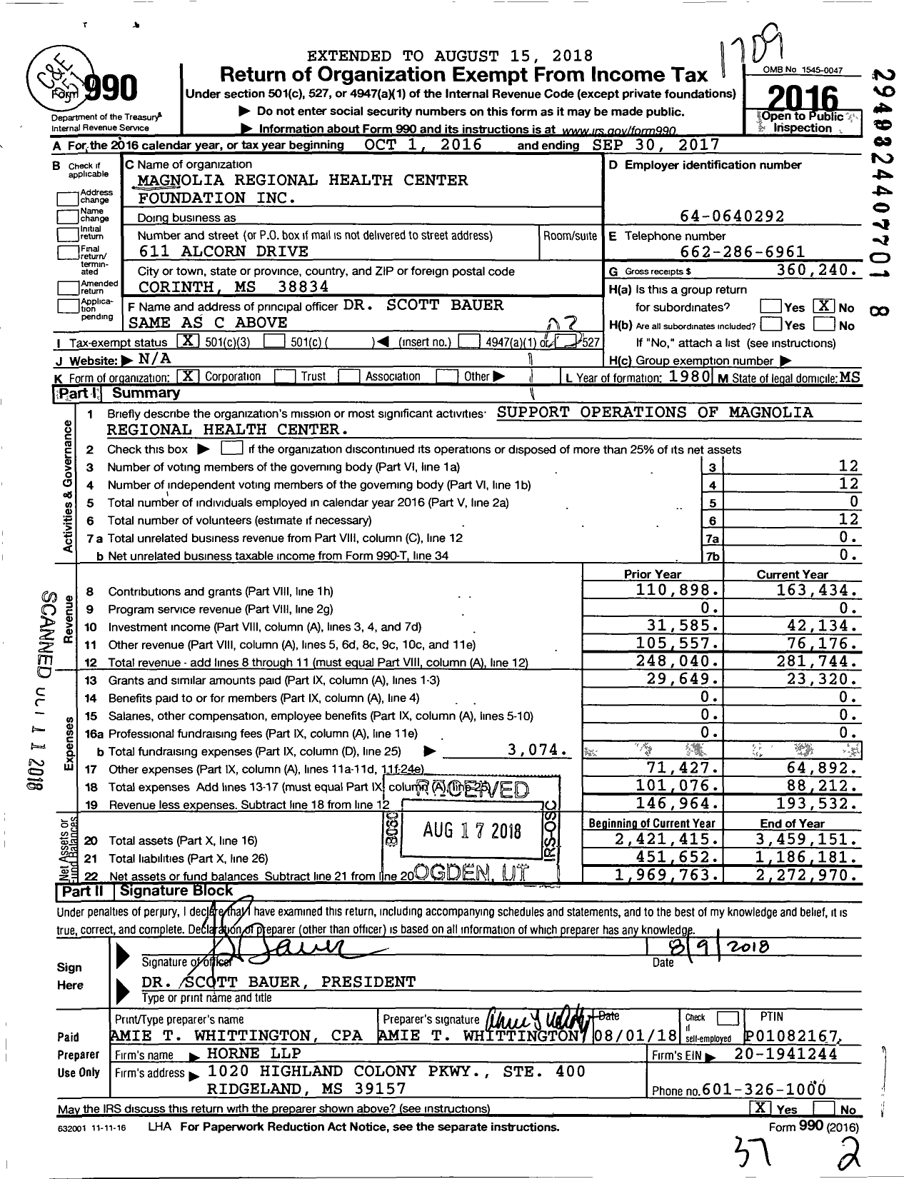 Image of first page of 2016 Form 990 for Magnolia Regional Health Center Foundation