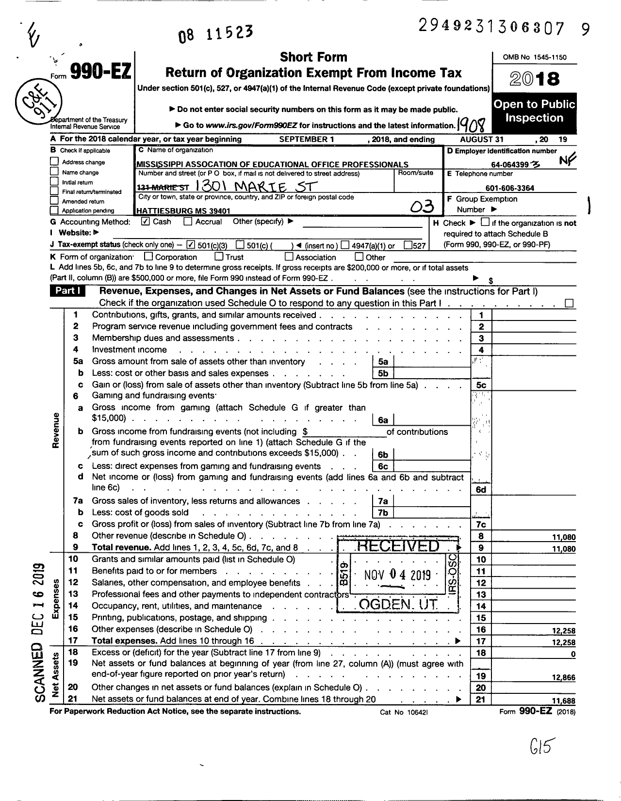 Image of first page of 2018 Form 990EZ for Mississippi Association of Educational Office Professionals