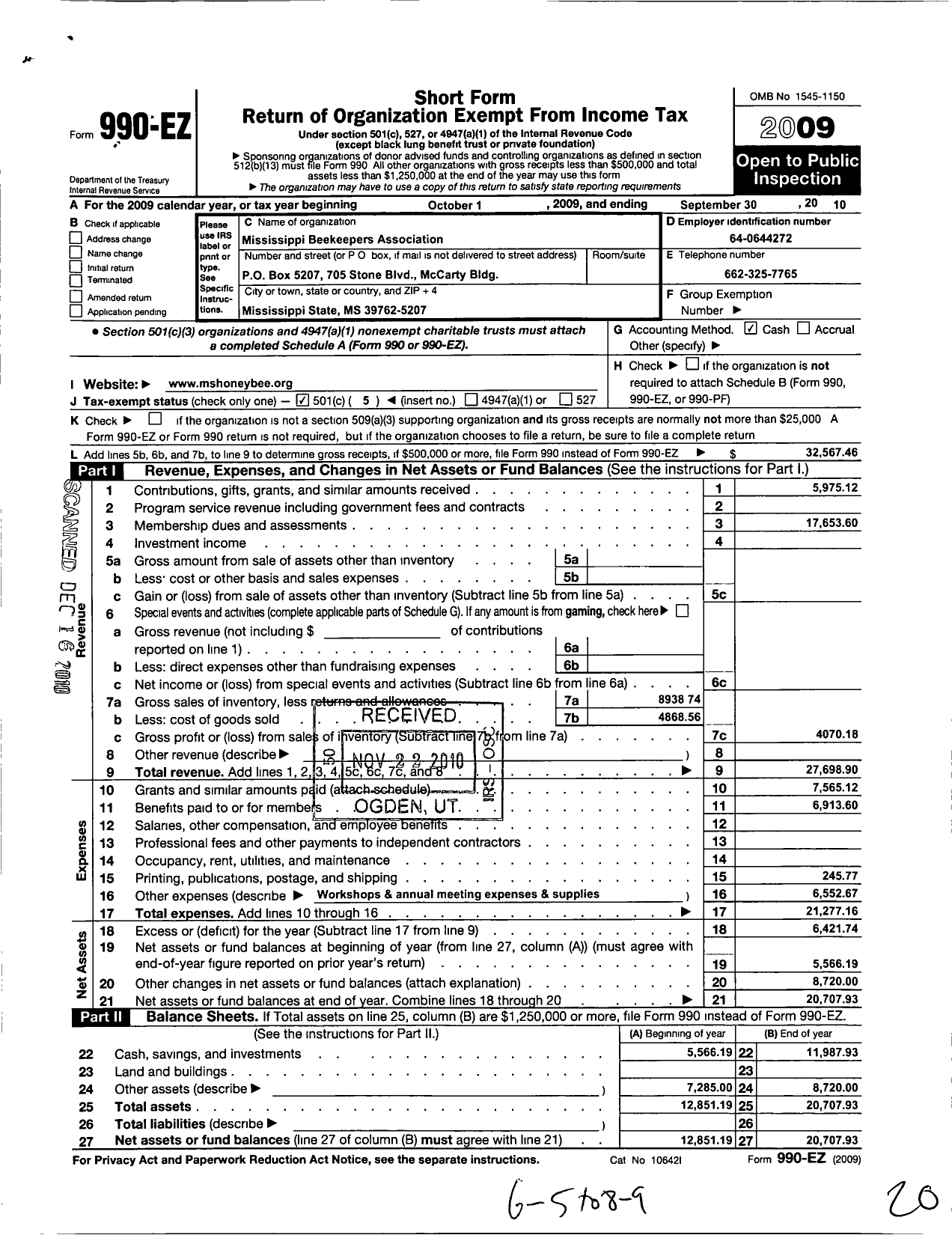 Image of first page of 2009 Form 990EO for Mississippi Beekeepers Associationinc