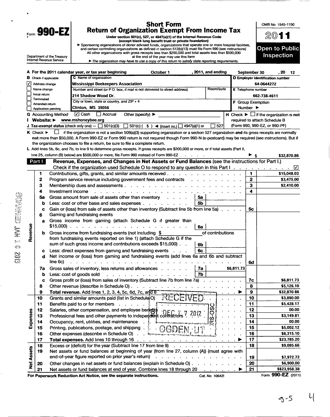 Image of first page of 2011 Form 990EO for Mississippi Beekeepers Associationinc