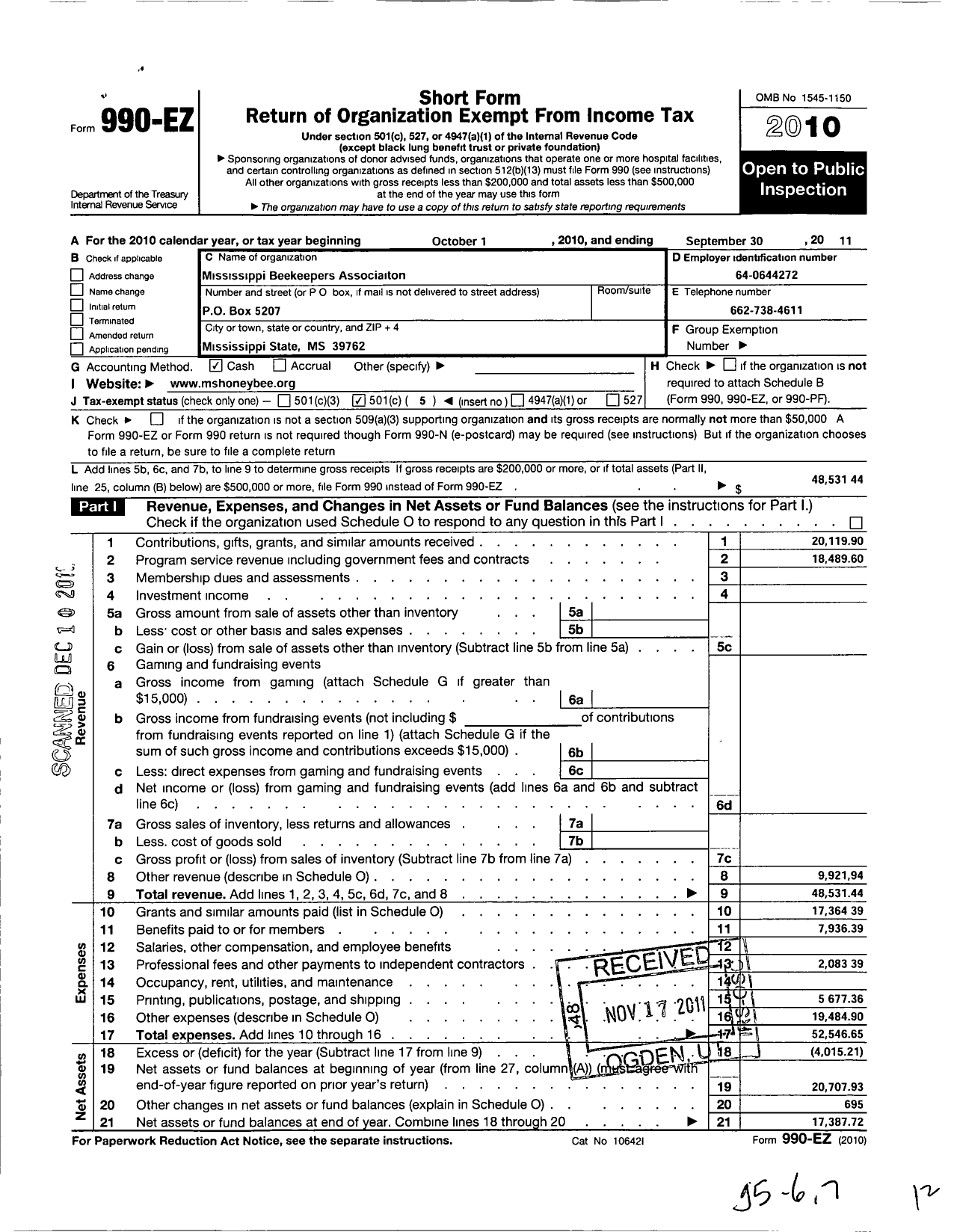 Image of first page of 2010 Form 990EO for Mississippi Beekeepers Associationinc