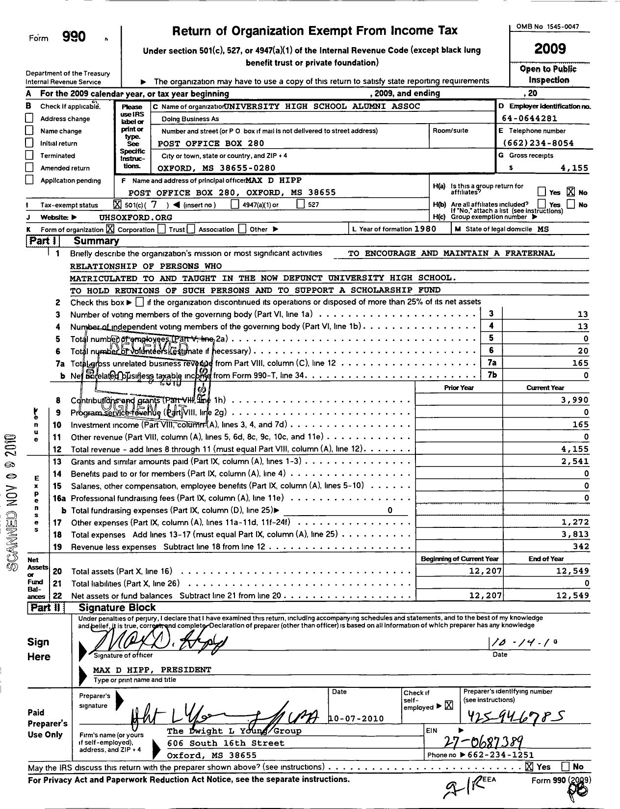 Image of first page of 2009 Form 990O for University High School Association