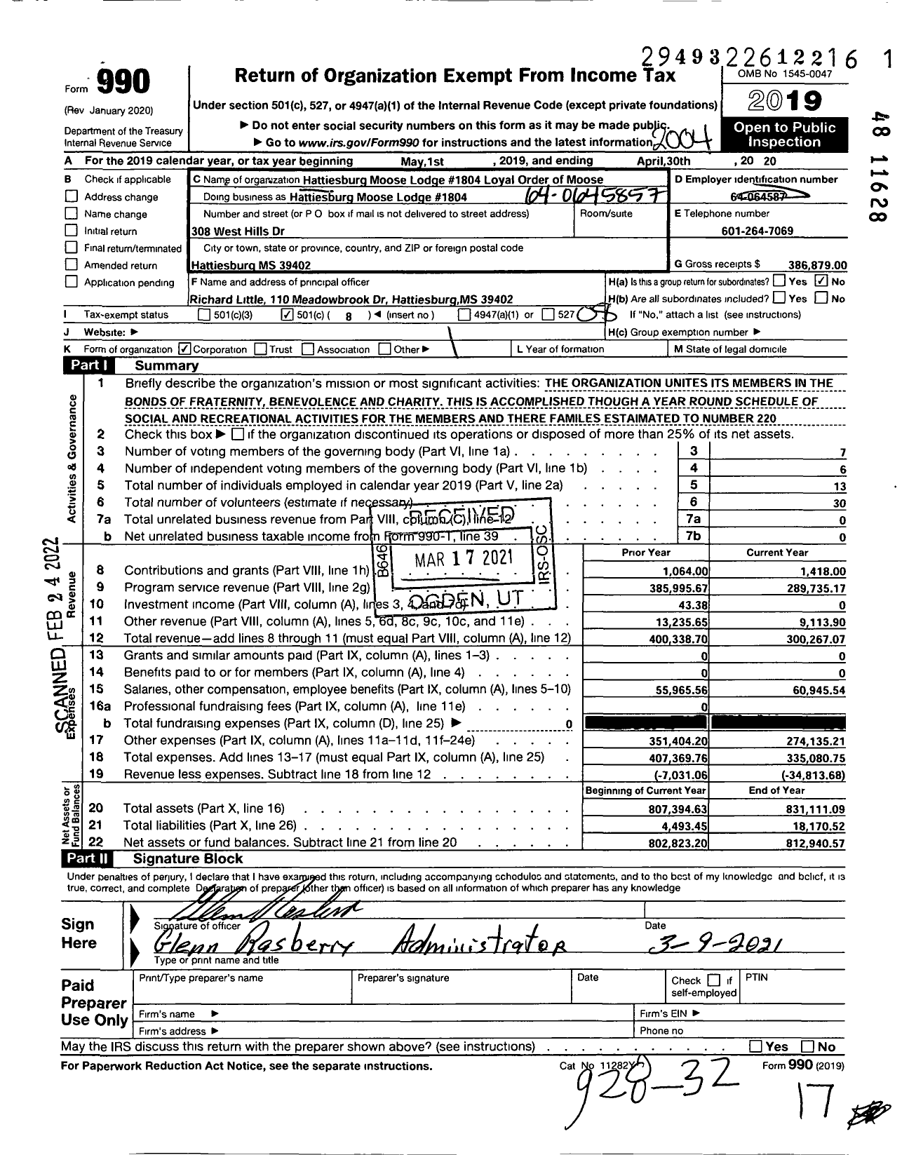 Image of first page of 2019 Form 990O for Loyal Order of Moose - Hattiesburg Moose Lodge