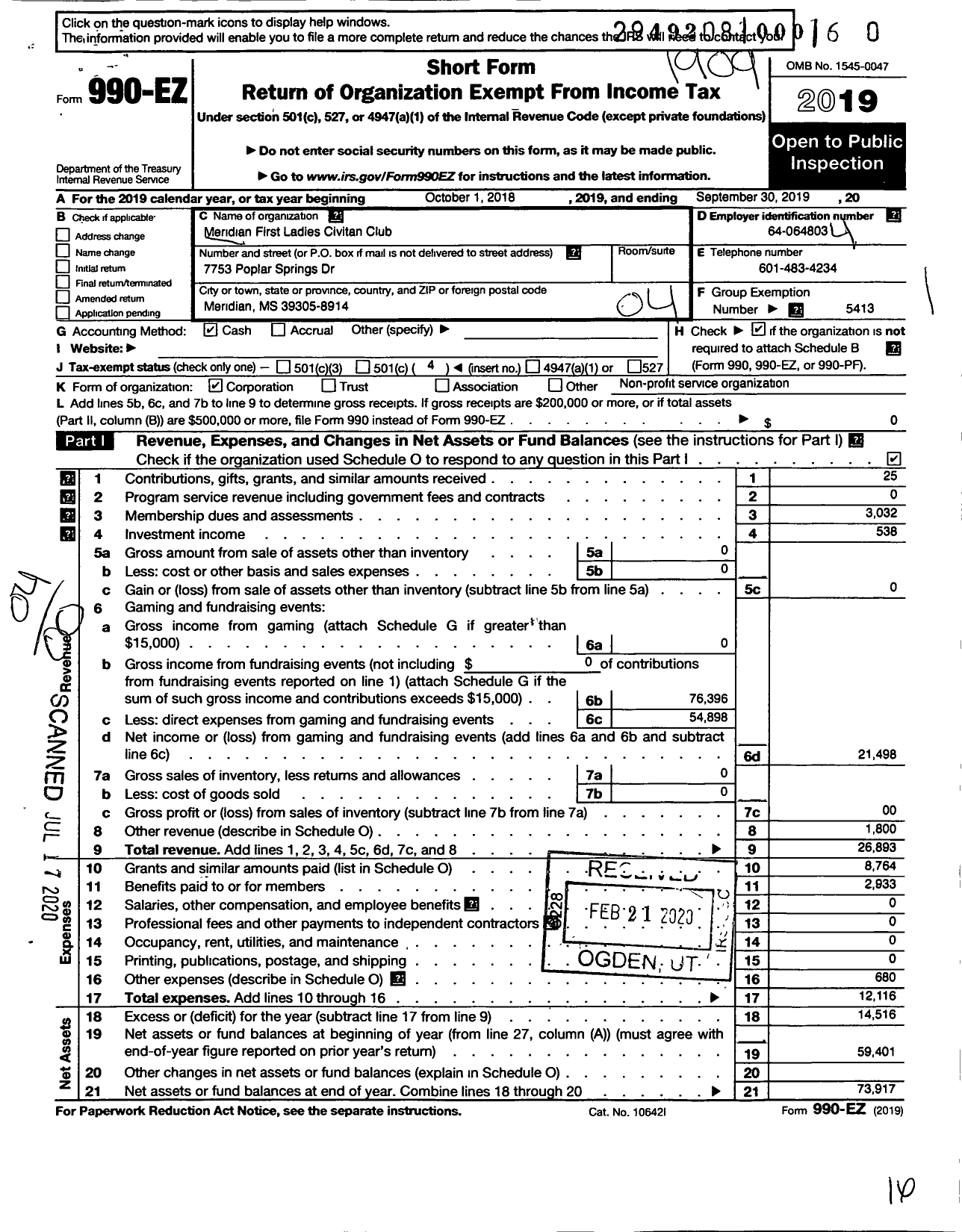 Image of first page of 2018 Form 990EO for Civitan International / Meridian First Ladies MS