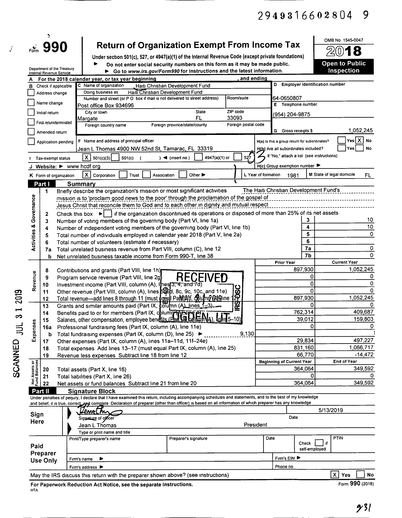 Image of first page of 2018 Form 990 for Haitian Christian Development Fund