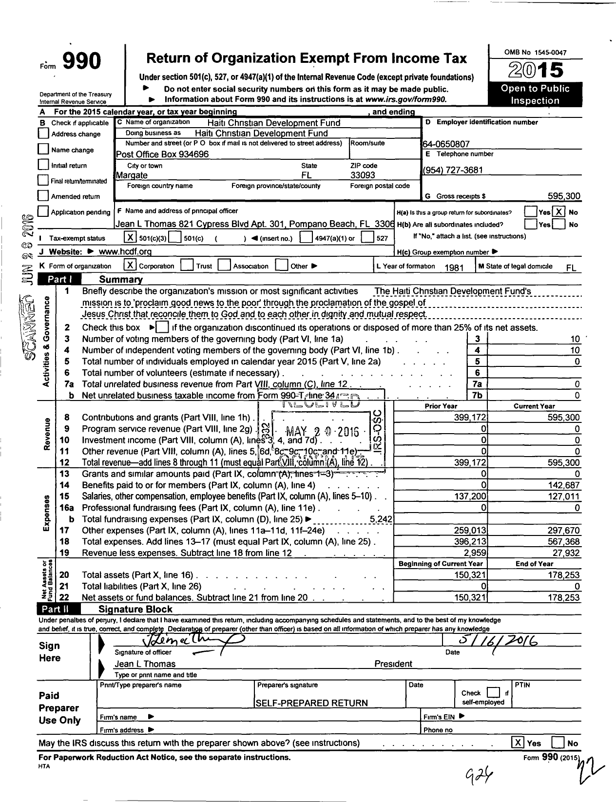 Image of first page of 2015 Form 990 for Haitian Christian Development Fund