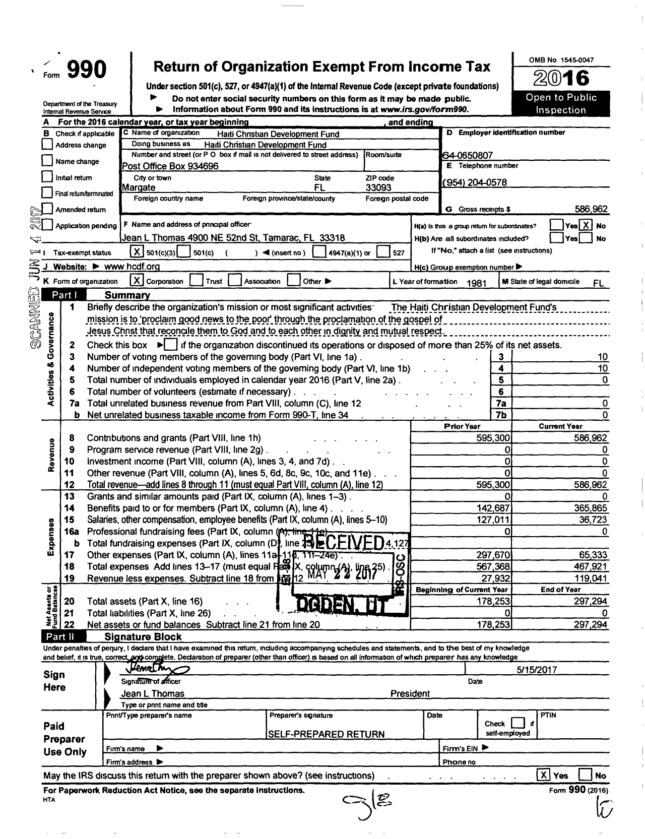 Image of first page of 2016 Form 990 for Haitian Christian Development Fund