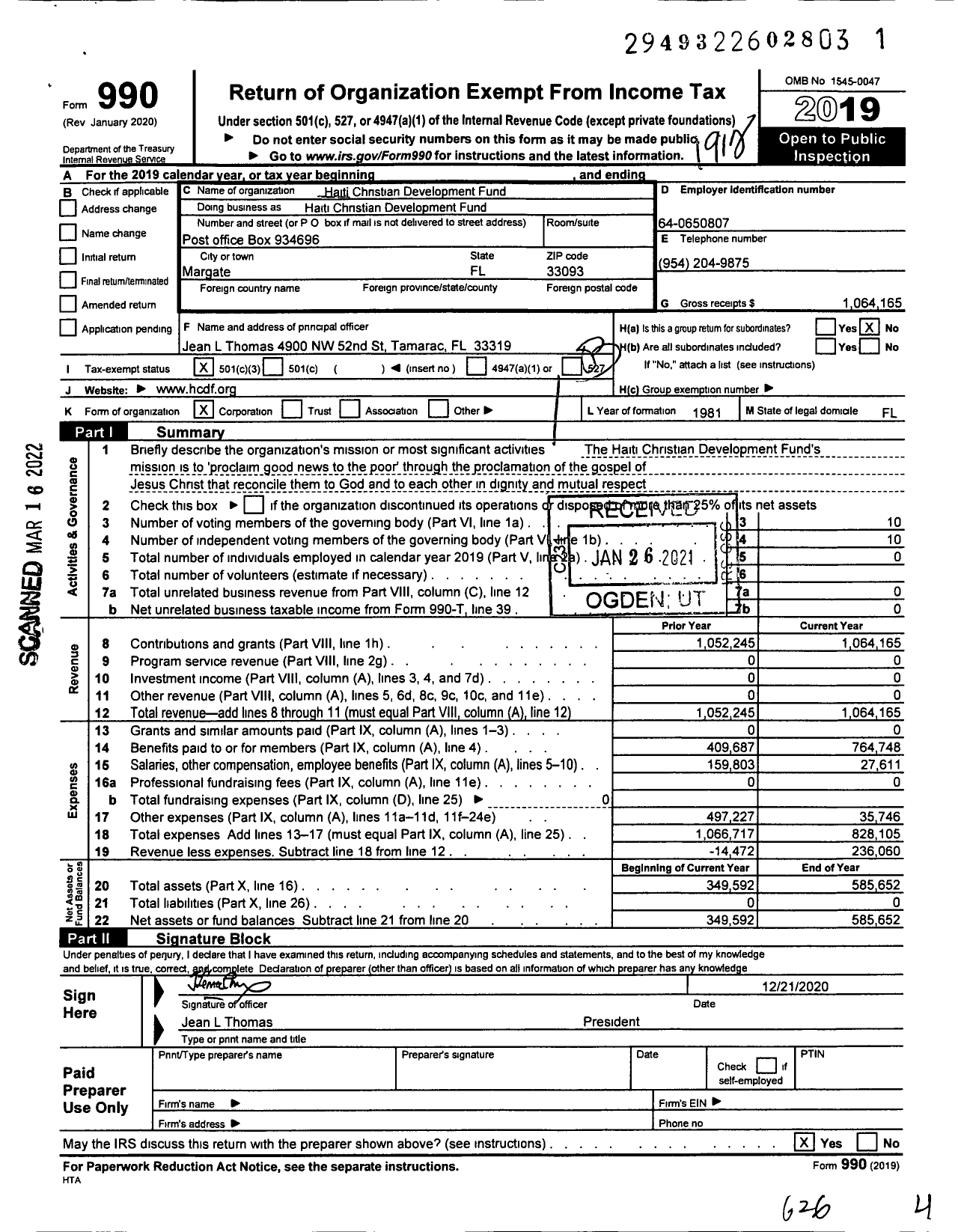 Image of first page of 2019 Form 990 for Haitian Christian Development Fund