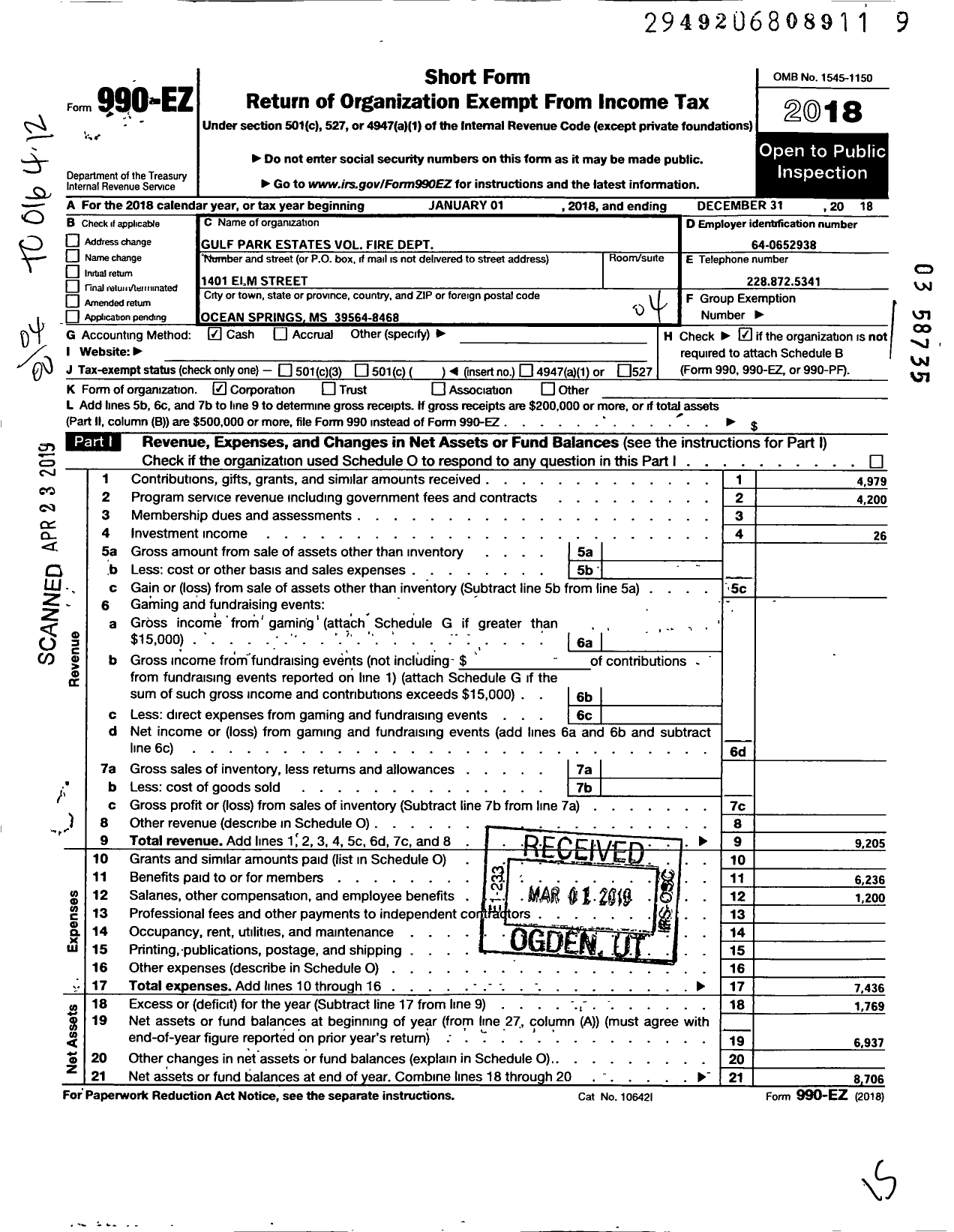 Image of first page of 2018 Form 990EO for Gulf Park Estates Volunteer Fire Department